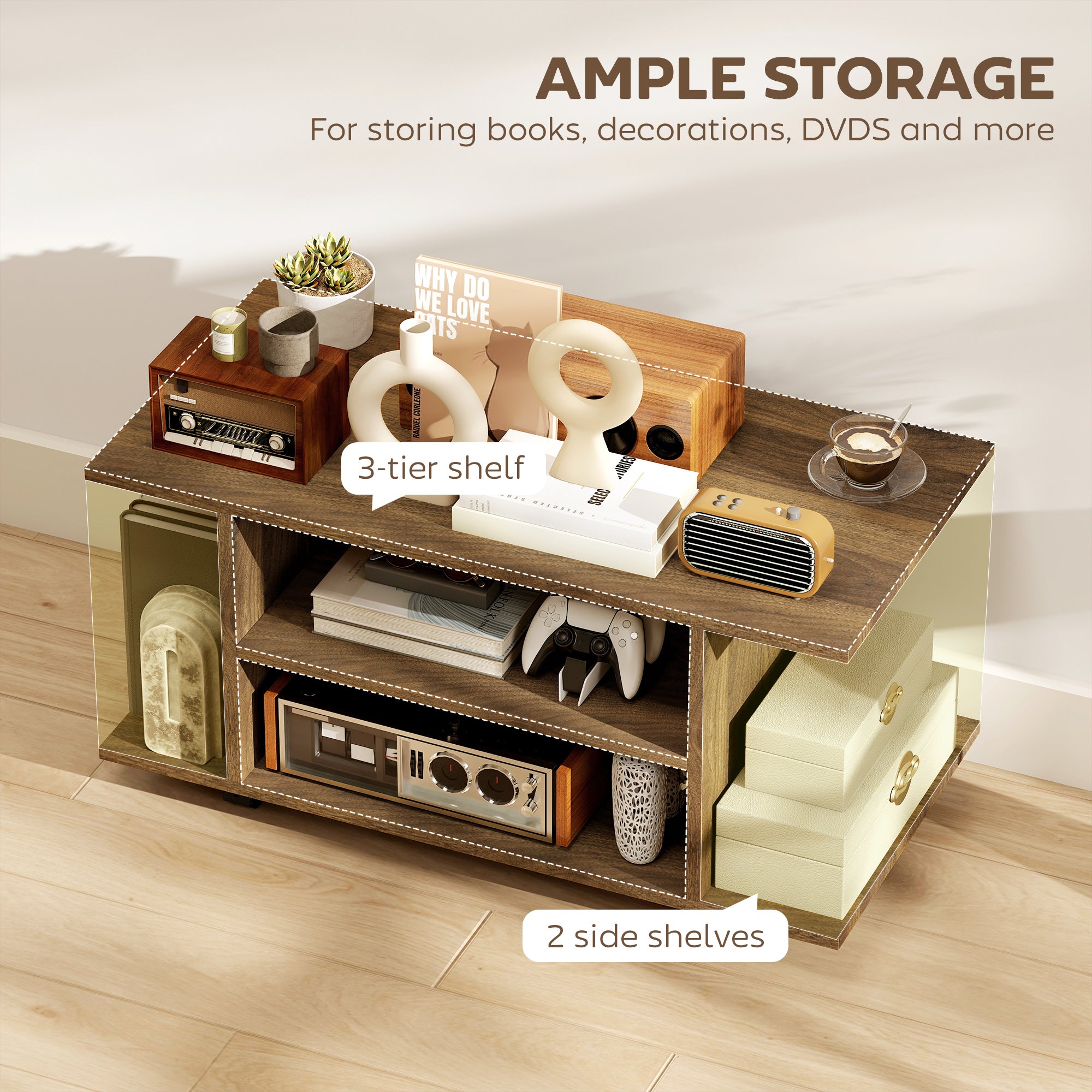 Modern TV Cabinet Stand Storage Shelves Table Mobile Bedroom Furniture Bookshelf Bookcase Walnut