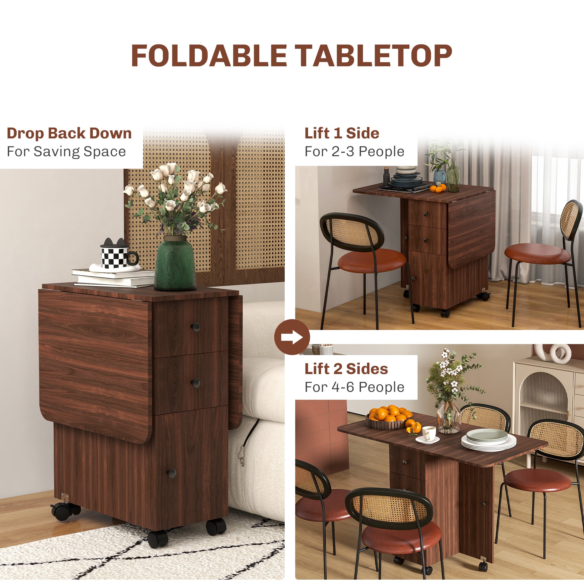 HOMCOM Foldable Dining Table, Rolling Kitchen Table With Storage Drawers and Cabinet, Drop Leaf Table on Wheels, Brown