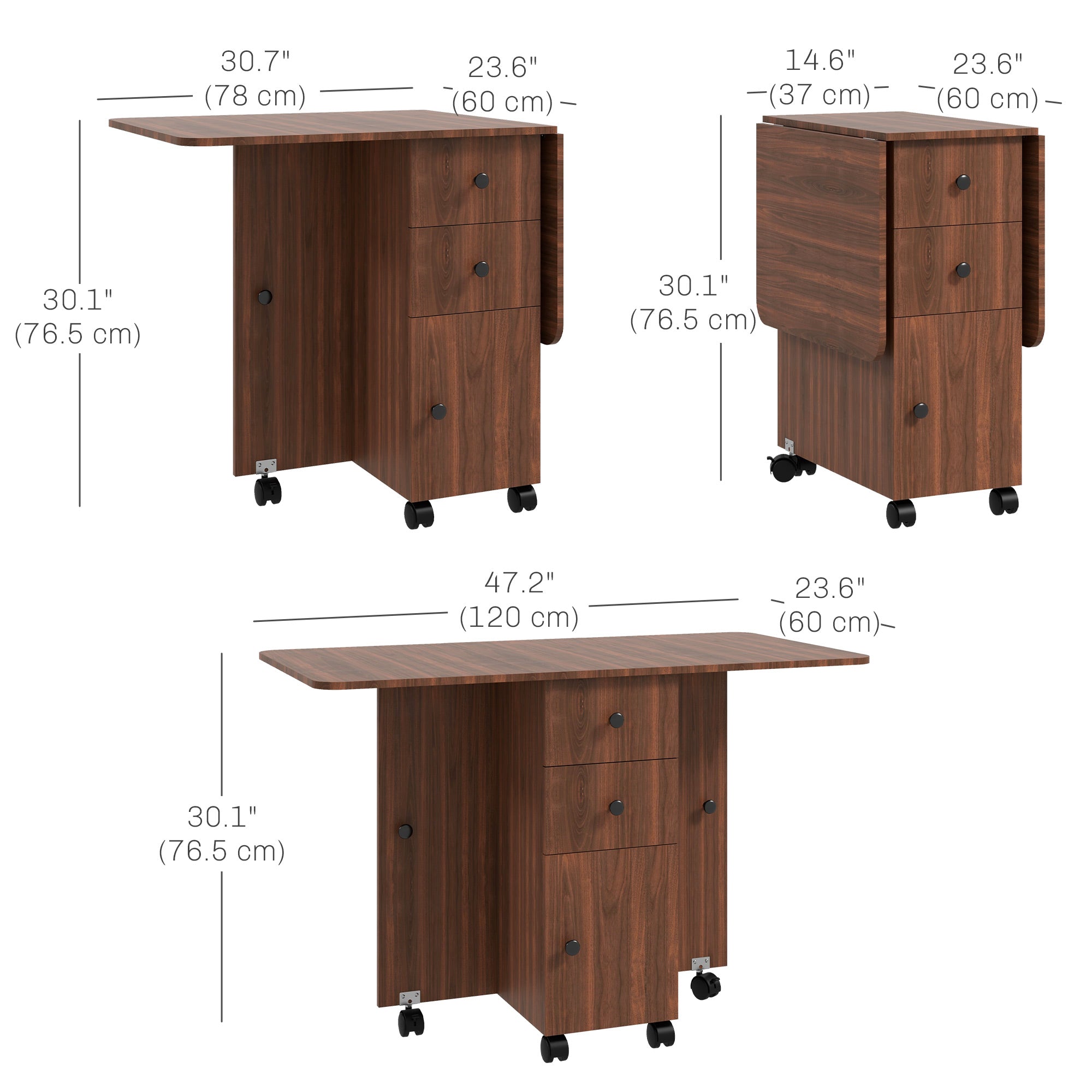 HOMCOM Foldable Dining Table, Rolling Kitchen Table With Storage Drawers and Cabinet, Drop Leaf Table on Wheels, Brown