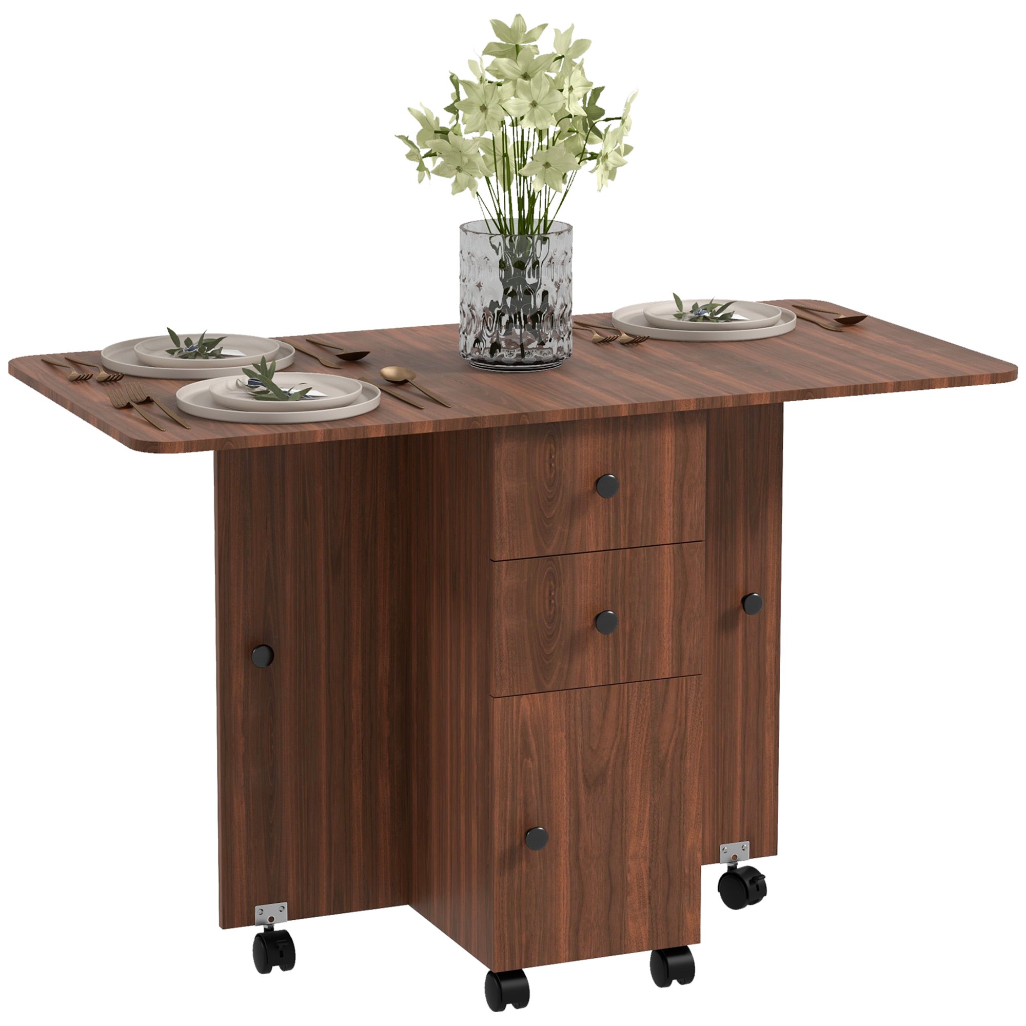 HOMCOM Foldable Dining Table, Rolling Kitchen Table With Storage Drawers and Cabinet, Drop Leaf Table on Wheels, Brown