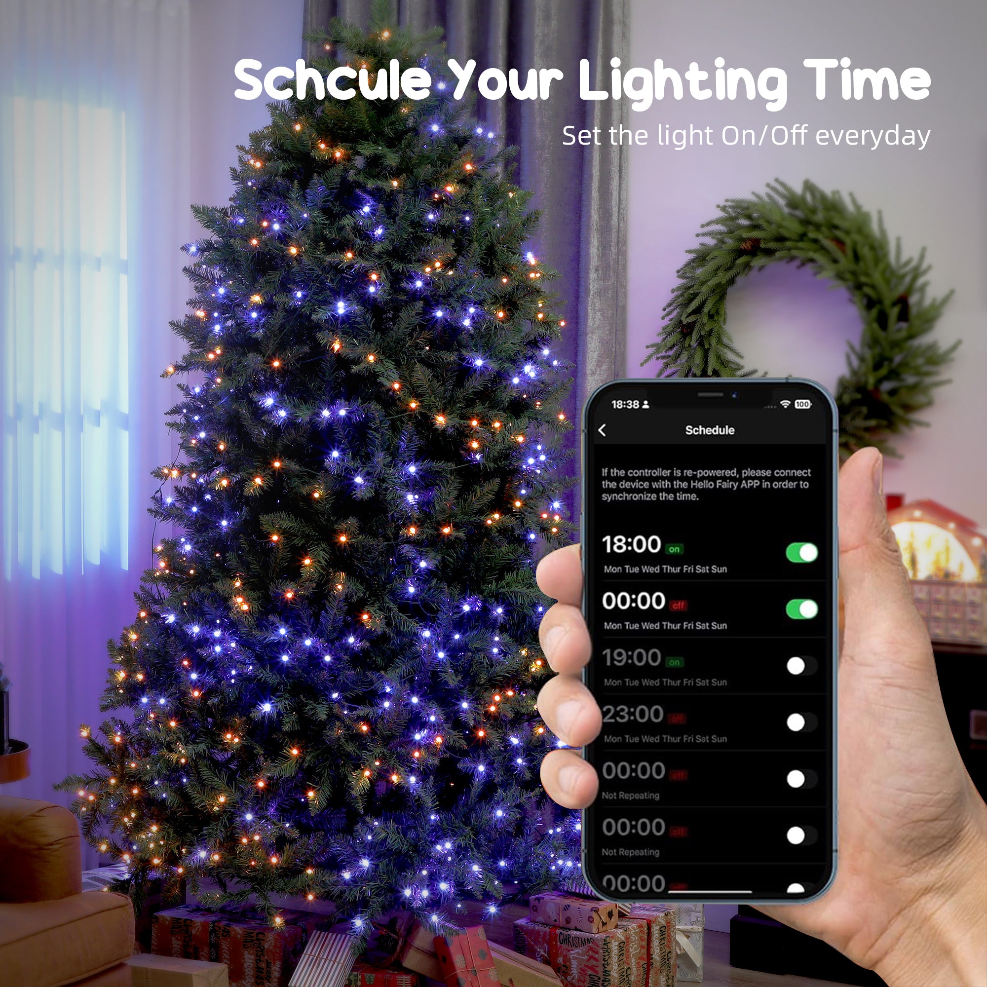 7.5ft Smart Prelit Christmas Tree with Full-Spectrum RGB Dimmable LEDs, App and Remote Control, Wide Full Hinged Xmas Tree, Easy Assembly, Artificial Holiday Decoration, Green