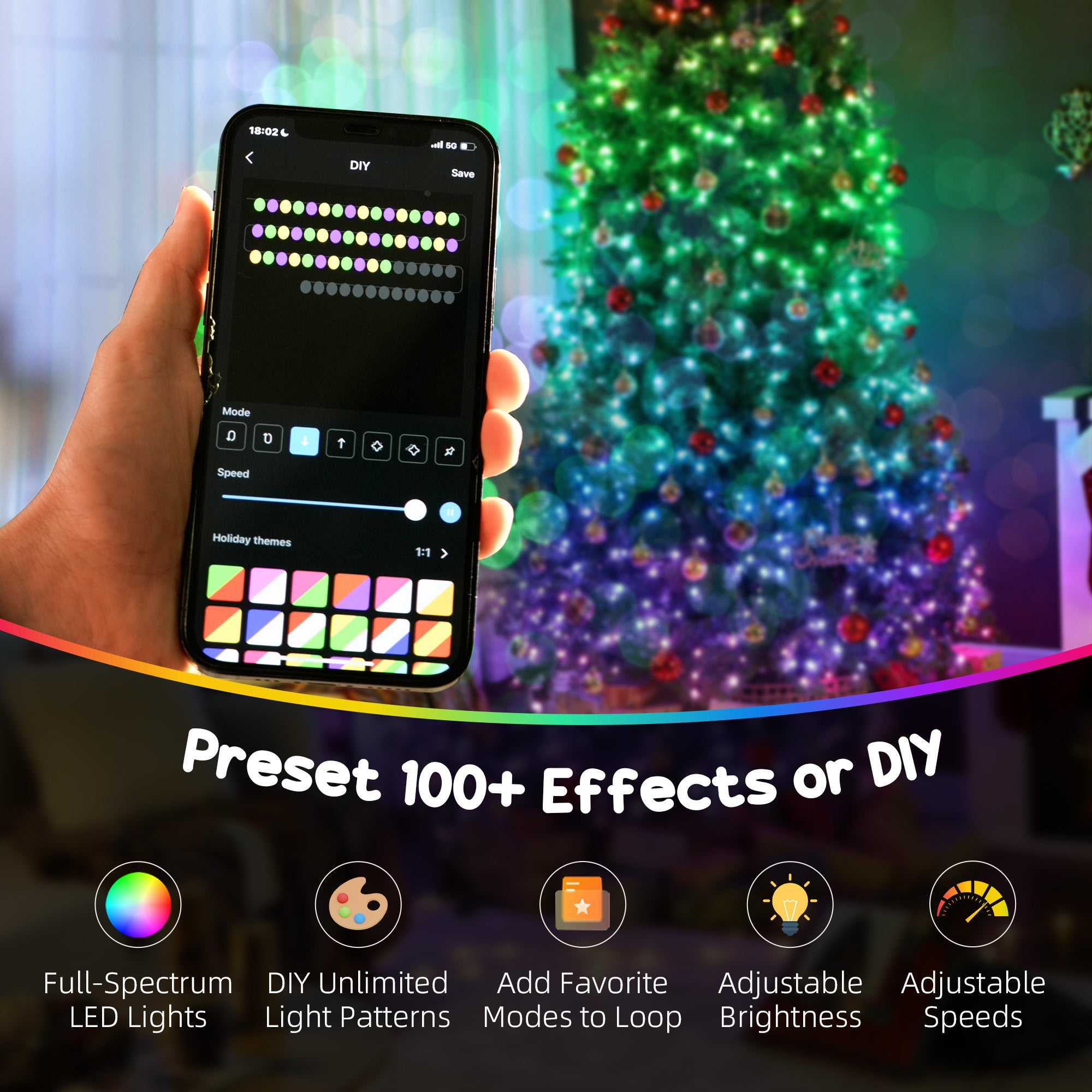 7.5ft Smart Prelit Christmas Tree with Full-Spectrum RGB Dimmable LEDs, App and Remote Control, Wide Full Hinged Xmas Tree, Easy Assembly, Artificial Holiday Decoration, Green