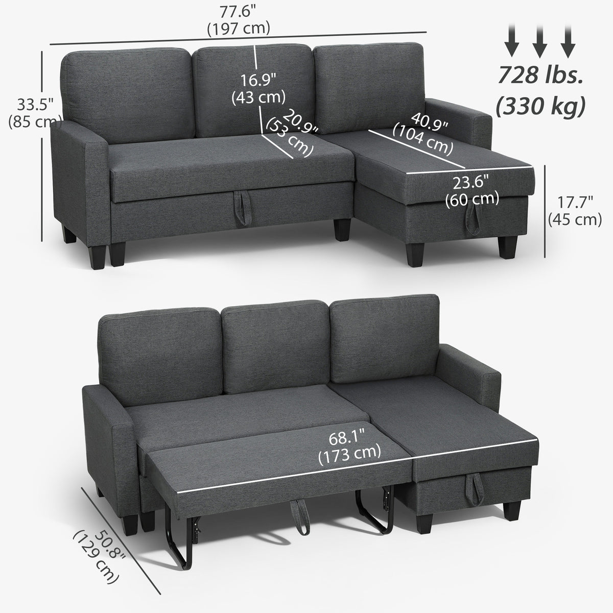 77.6" Sofa Bed, Convertible Pull Out Sleeper Sofa, Linen L Shaped Sectional Couch with Reversible Storage Chaise, Wide and Deep Seat for Living Room, Charcoal Grey