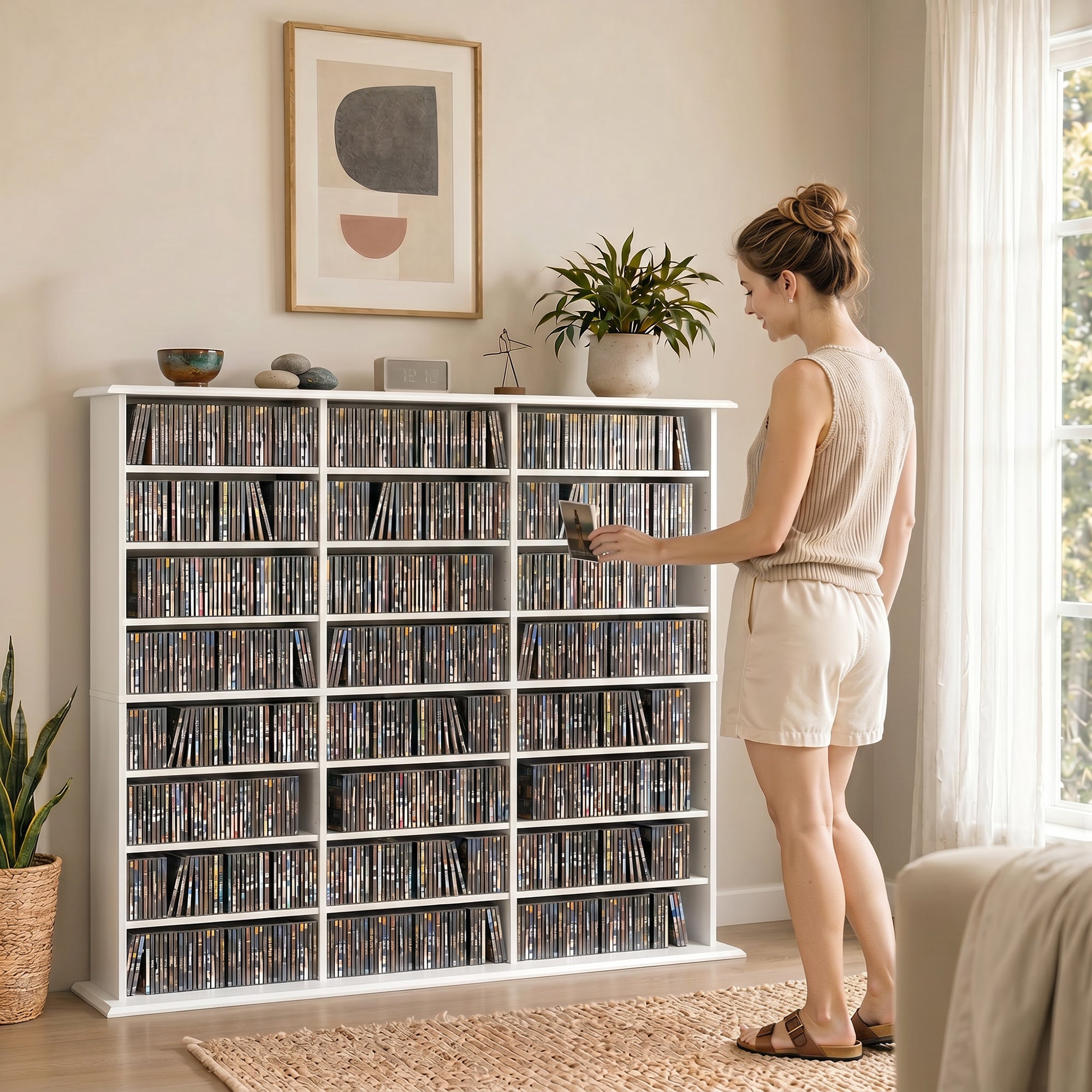 1032 CD/594 DVD Storage Unit, Blu-ray Media Storage Shelf with 24 Compartments and 18 Adjustable Shelves, CD Tower for Living Room, Bedroom, Office, White