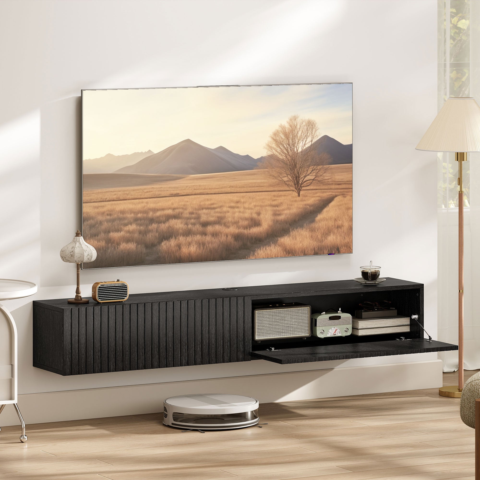 Floating TV Unit for Television up to 72 Inch, 180cm Wall Mount TV Stand Cabinet with Fluted Flip-Down Doors, Cable Management Hole, Entertainment Media Console for Living Room, Bedroom, Black