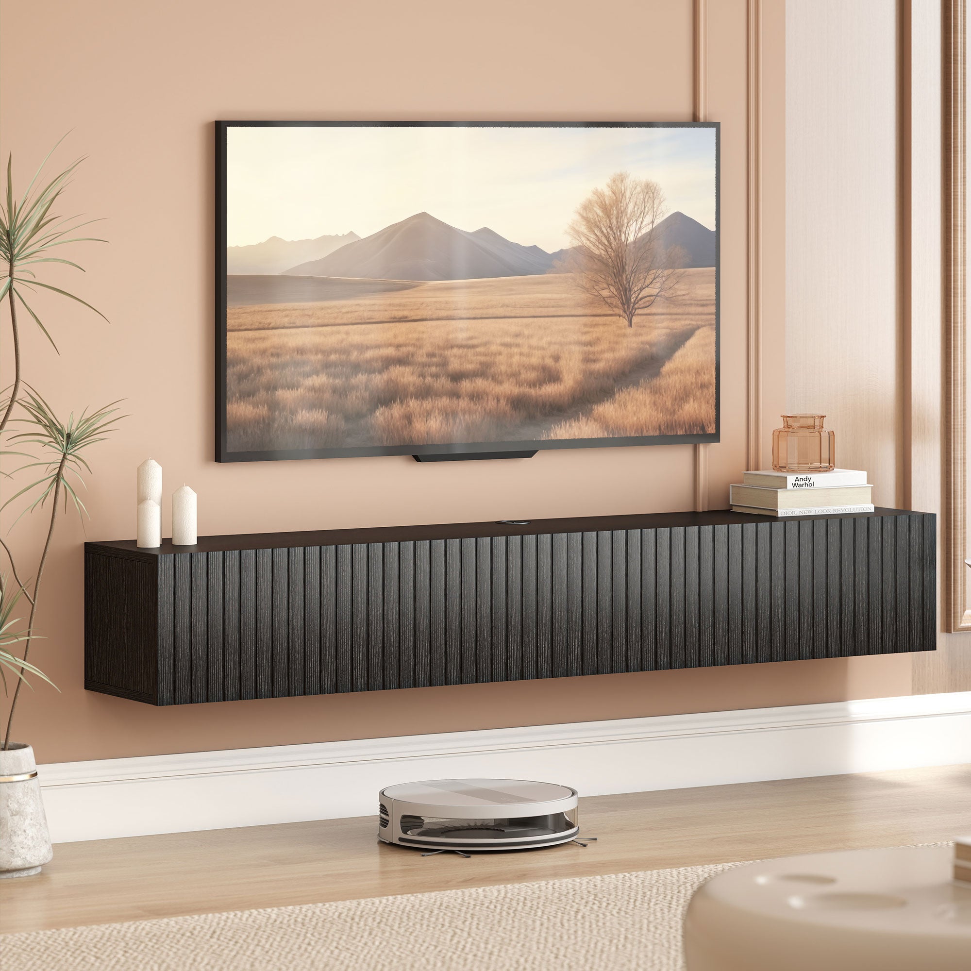 Floating TV Unit for Television up to 72 Inch, 180cm Wall Mount TV Stand Cabinet with Fluted Flip-Down Doors, Cable Management Hole, Entertainment Media Console for Living Room, Bedroom, Black