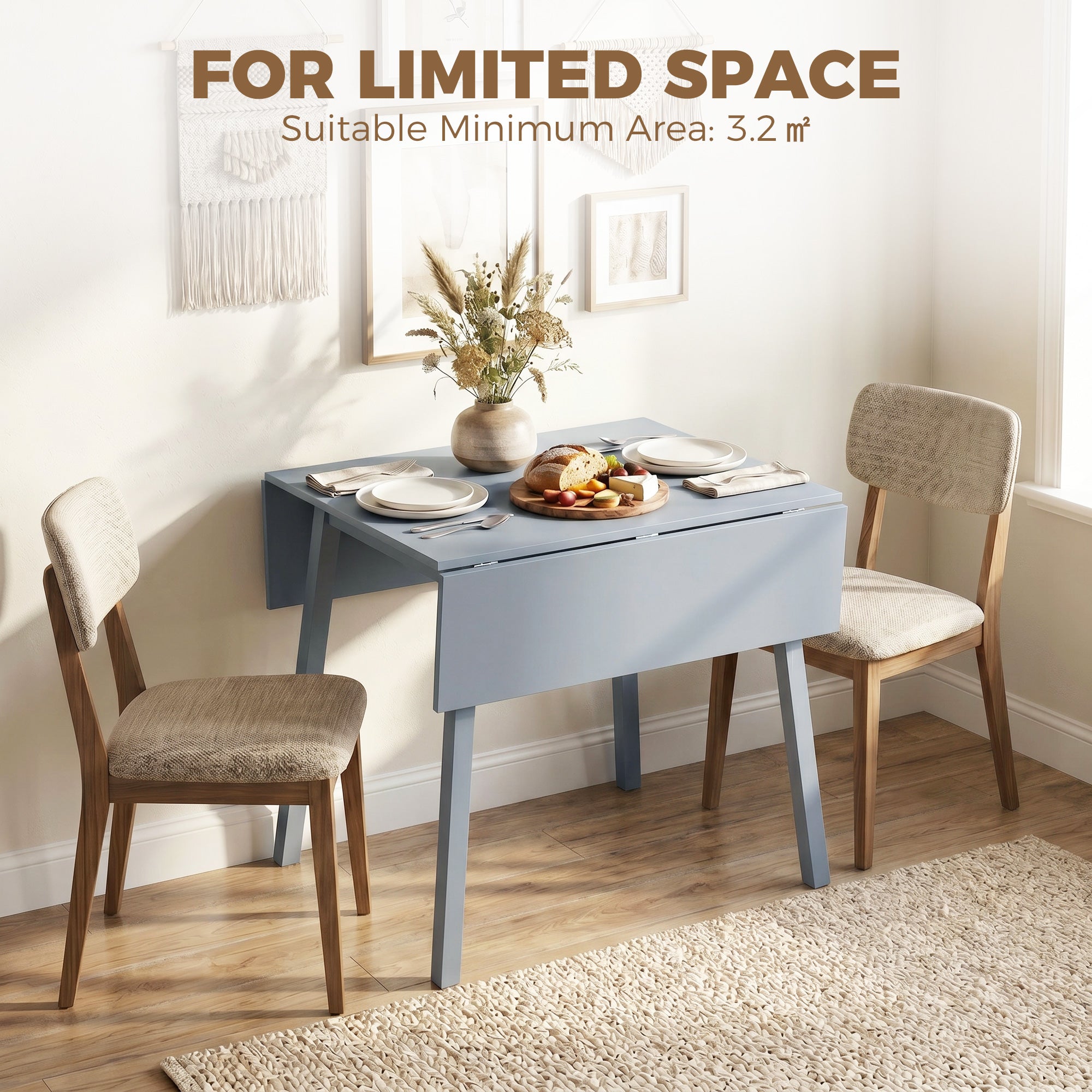 Solid Wood Folding Dining Table, Drop Leaf Table for 2-4 People,  Rectangle Kitchen Table for Small Space, Grey