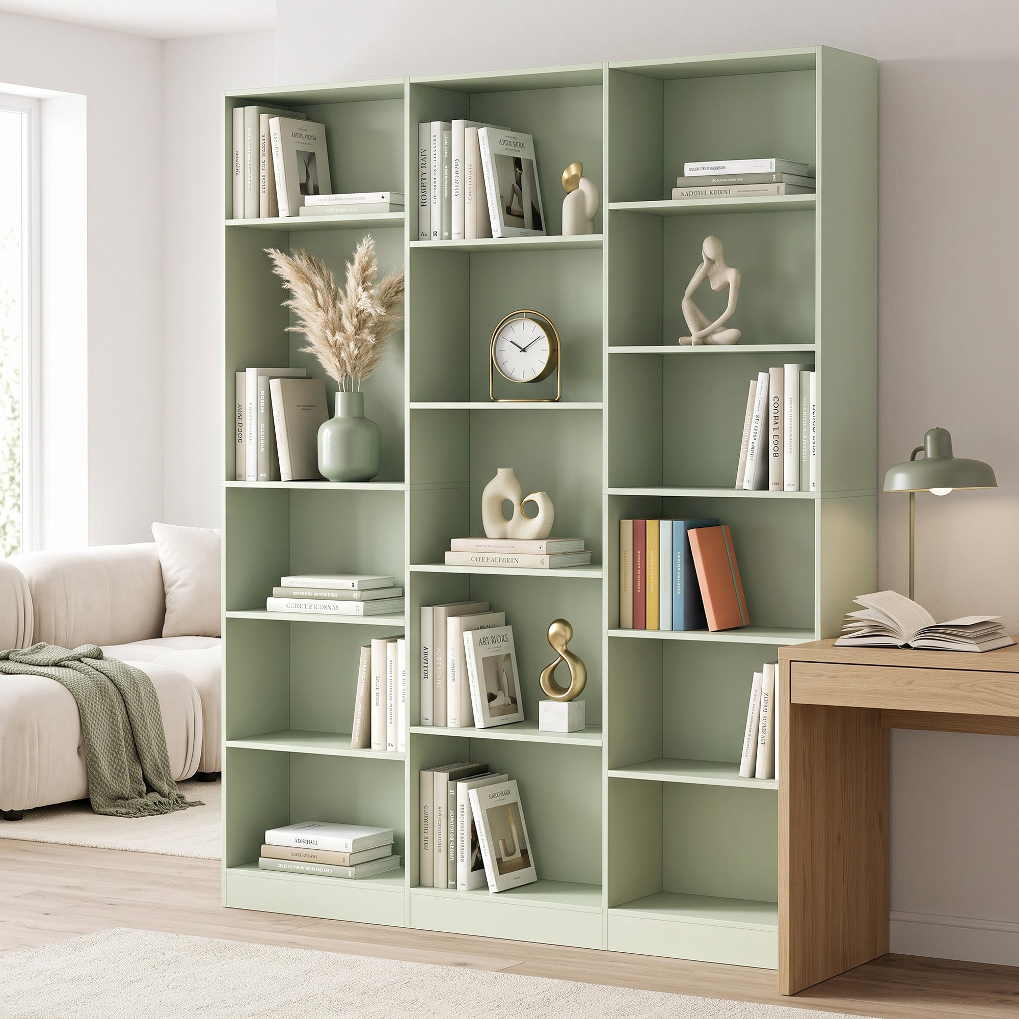 Bookcase with 17 Compartments, 6-Tier Tall Bookshelf with 17 Cubes, Adjustable Shelves, Freestanding Shelving Unit Display Shelf for Home Office, Living Room, 149 x 23.6 x 188 cm, Light Green