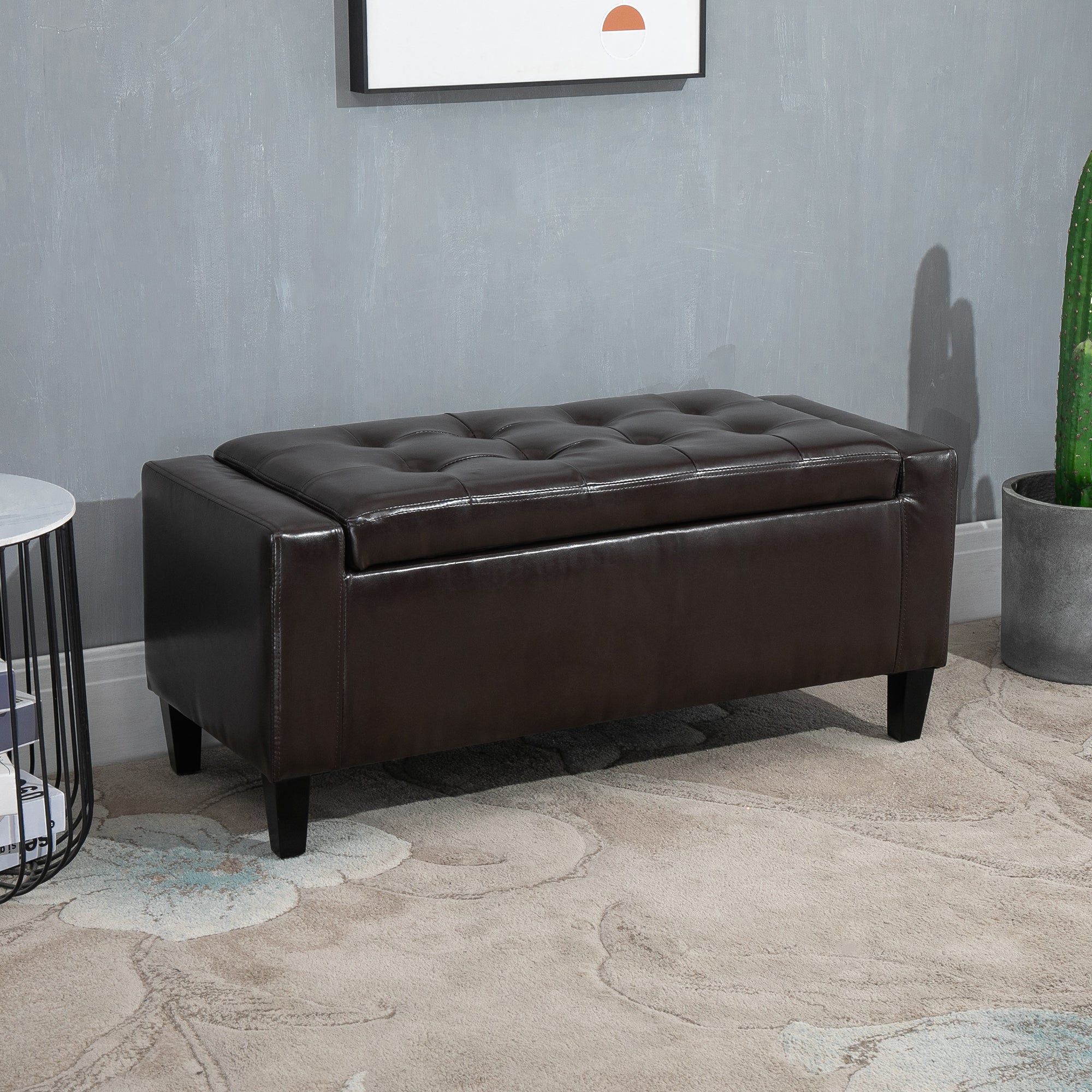 HOMCOM PU Leather Storage Ottoman Bench Storage Chest Tufted Ottoman Cube w/ Flipping Top 92L x 40W x 40H cm Brown