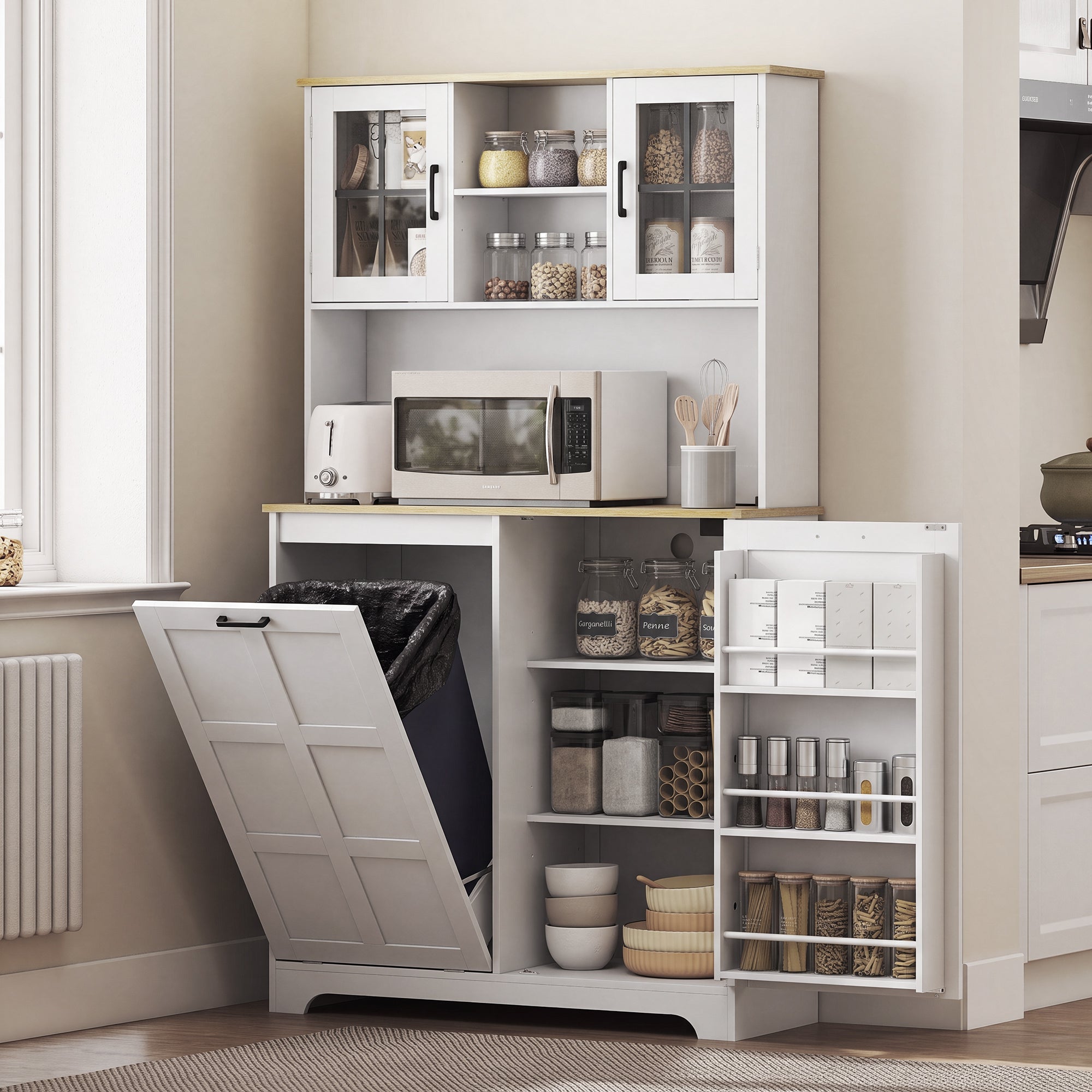 Kitchen Cupboard with Charging Station and 26.5 L Rubbish Bin Cabinet, 175cm Tall Kitchen Cabinet with 3 Door Shelves and 2 Acrylic Doors, Sideboard Storage Cabinet for Dining Room, White