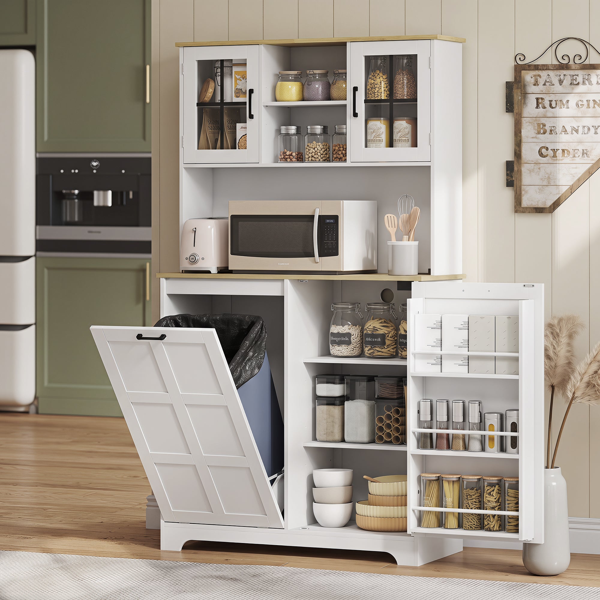 Kitchen Cupboard with Charging Station and 26.5 L Rubbish Bin Cabinet, 175cm Tall Kitchen Cabinet with 3 Door Shelves and 2 Acrylic Doors, Sideboard Storage Cabinet for Dining Room, White