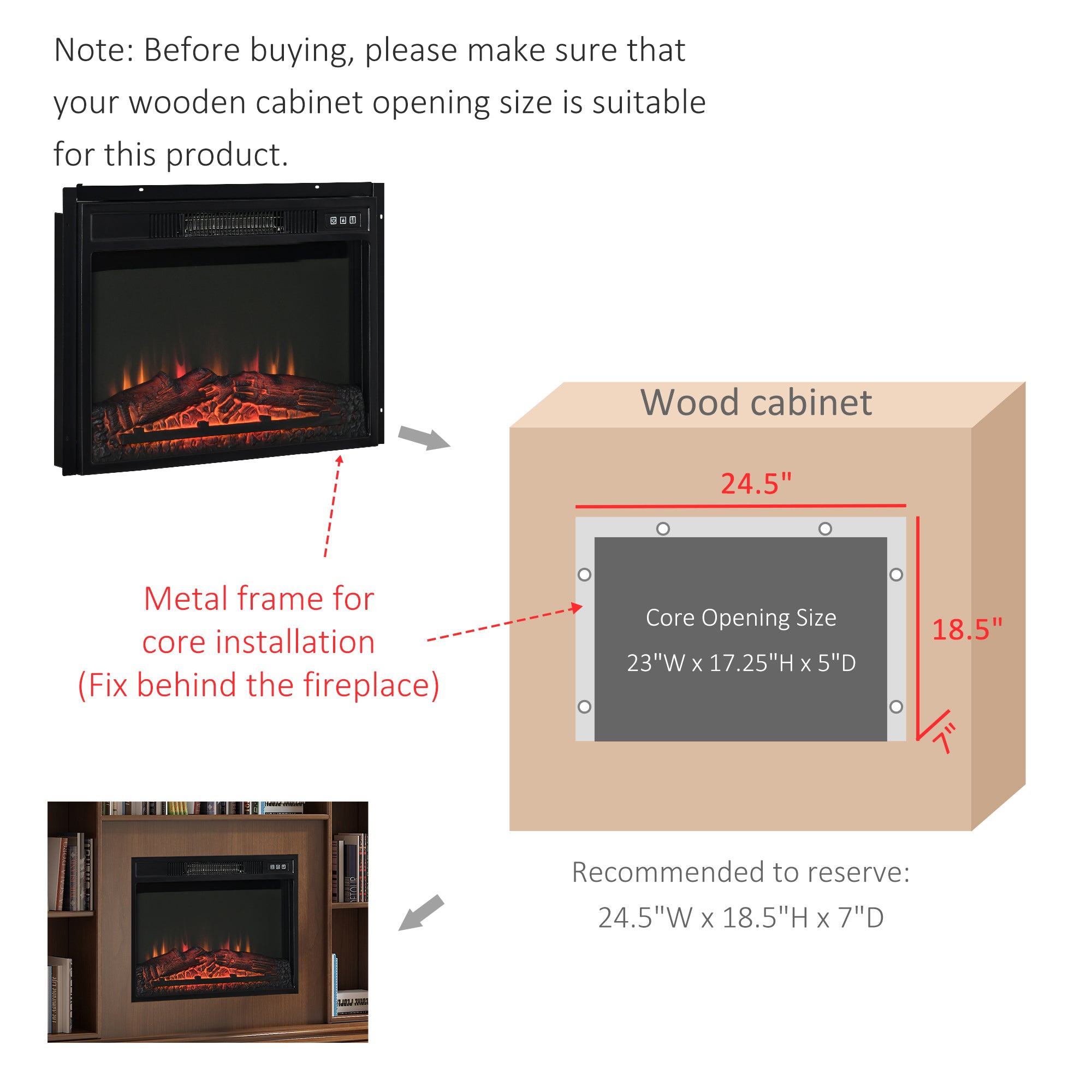 HOMCOM 23" Electric Fireplace Insert for Wooden Cabinet, Recessed Fireplace Heater with Realistic Log Flames, Adjustable Brightness, Remote Control, 1400W, Black