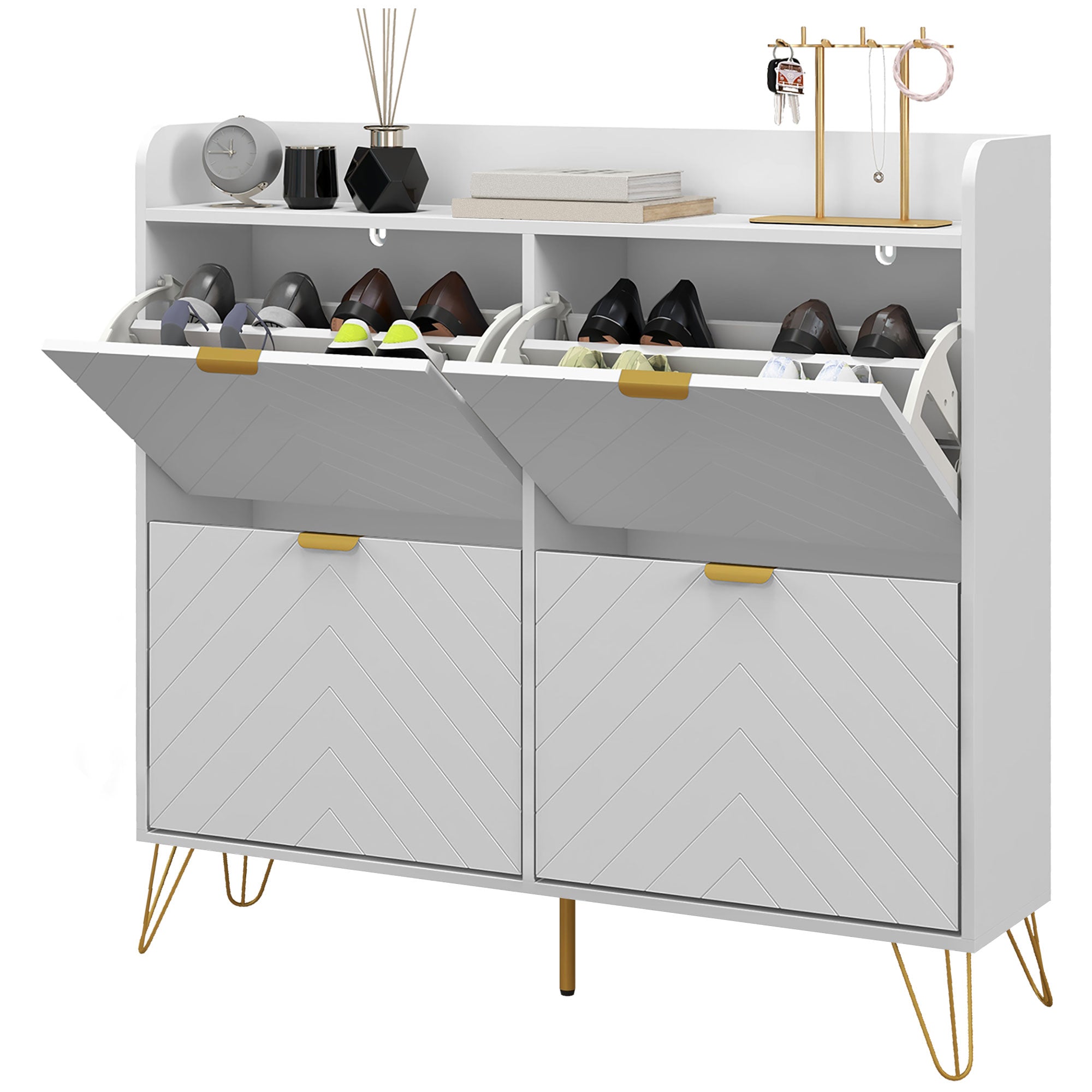 HOMCOM Narrow Shoe Cabinet with 4 Flip Drawers, Slim Shoe Storage Cabinet with Adjustable Shelves, Hairpin Legs and 4 Vents for 16 Pairs of Shoes for Entryway, White