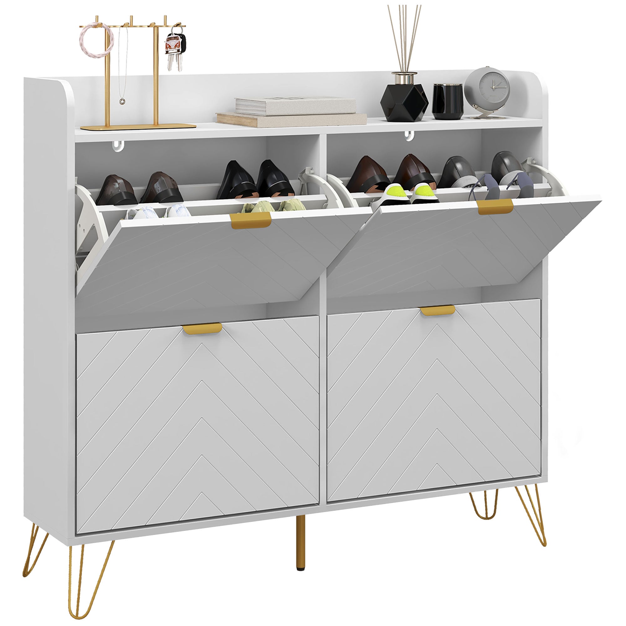 HOMCOM Narrow Shoe Cabinet with 4 Flip Drawers, Slim Shoe Storage Cabinet with Adjustable Shelves, Hairpin Legs and 4 Vents for 16 Pairs of Shoes for Entryway, White