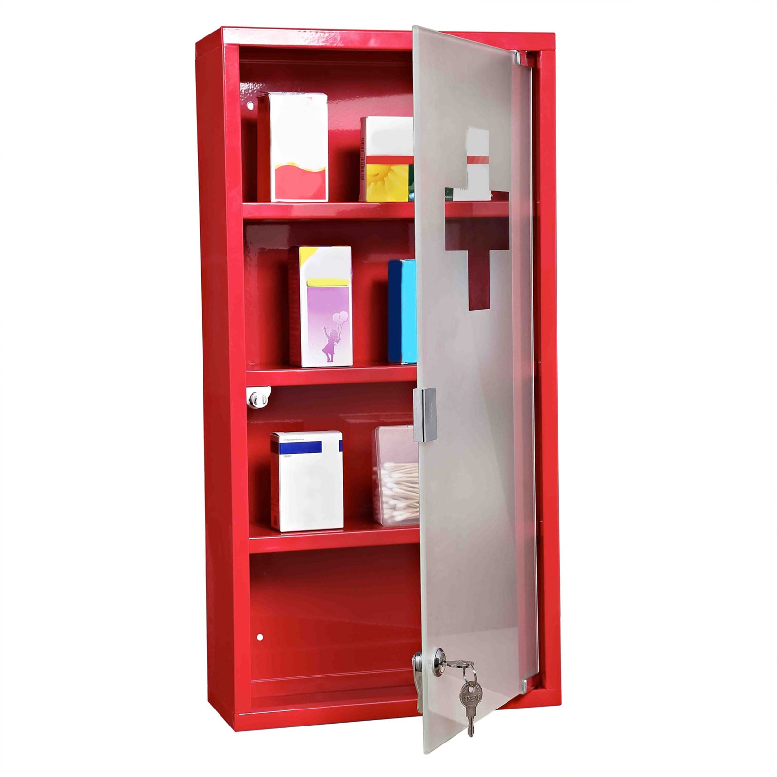 HOMCOM Locking Medicine Cabinet, 12" x 24" Bathroom Wall Cabinet with 4 Tier Shelves, Steel Frame and Glass Door, Lockable with 2 Keys, Red