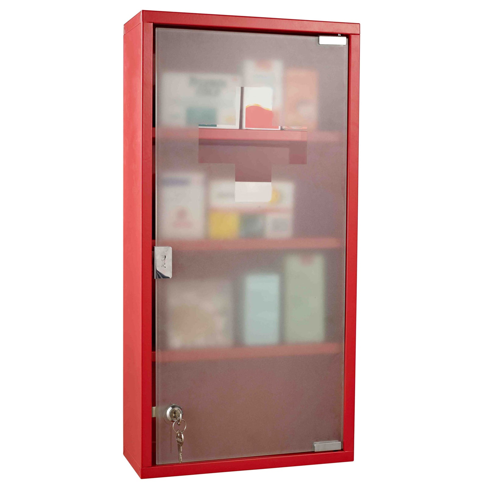 HOMCOM Locking Medicine Cabinet, 12" x 24" Bathroom Wall Cabinet with 4 Tier Shelves, Steel Frame and Glass Door, Lockable with 2 Keys, Red