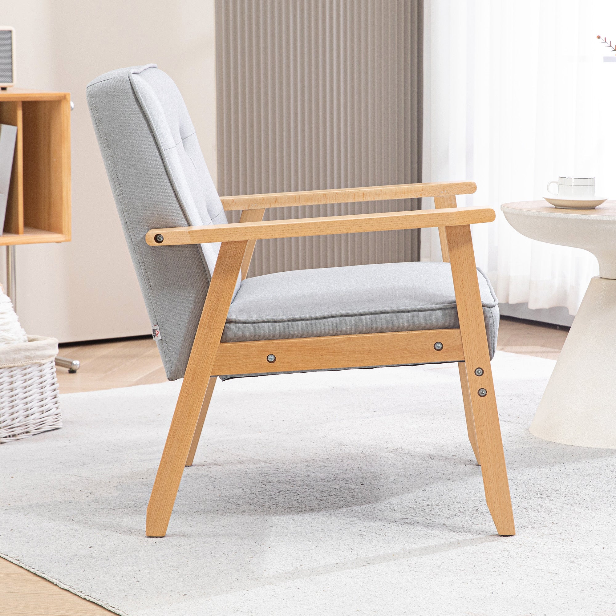 HOMCOM Fabric Accent Chair, Tufted Armchair, Modern Living Room Chair with Wood Legs and Thick Padding for Bedroom, Light Grey
