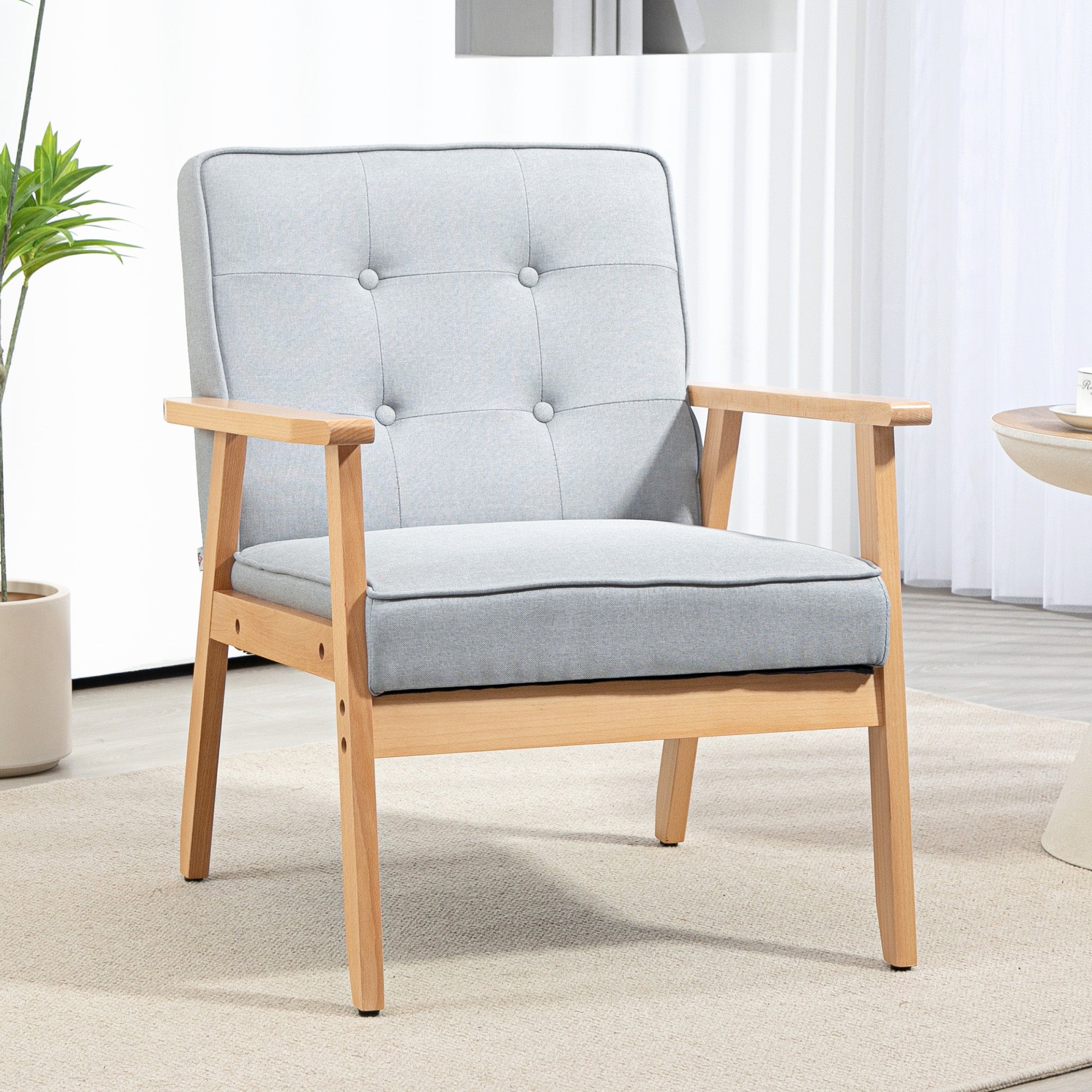 HOMCOM Fabric Accent Chair, Tufted Armchair, Modern Living Room Chair with Wood Legs and Thick Padding for Bedroom, Light Grey