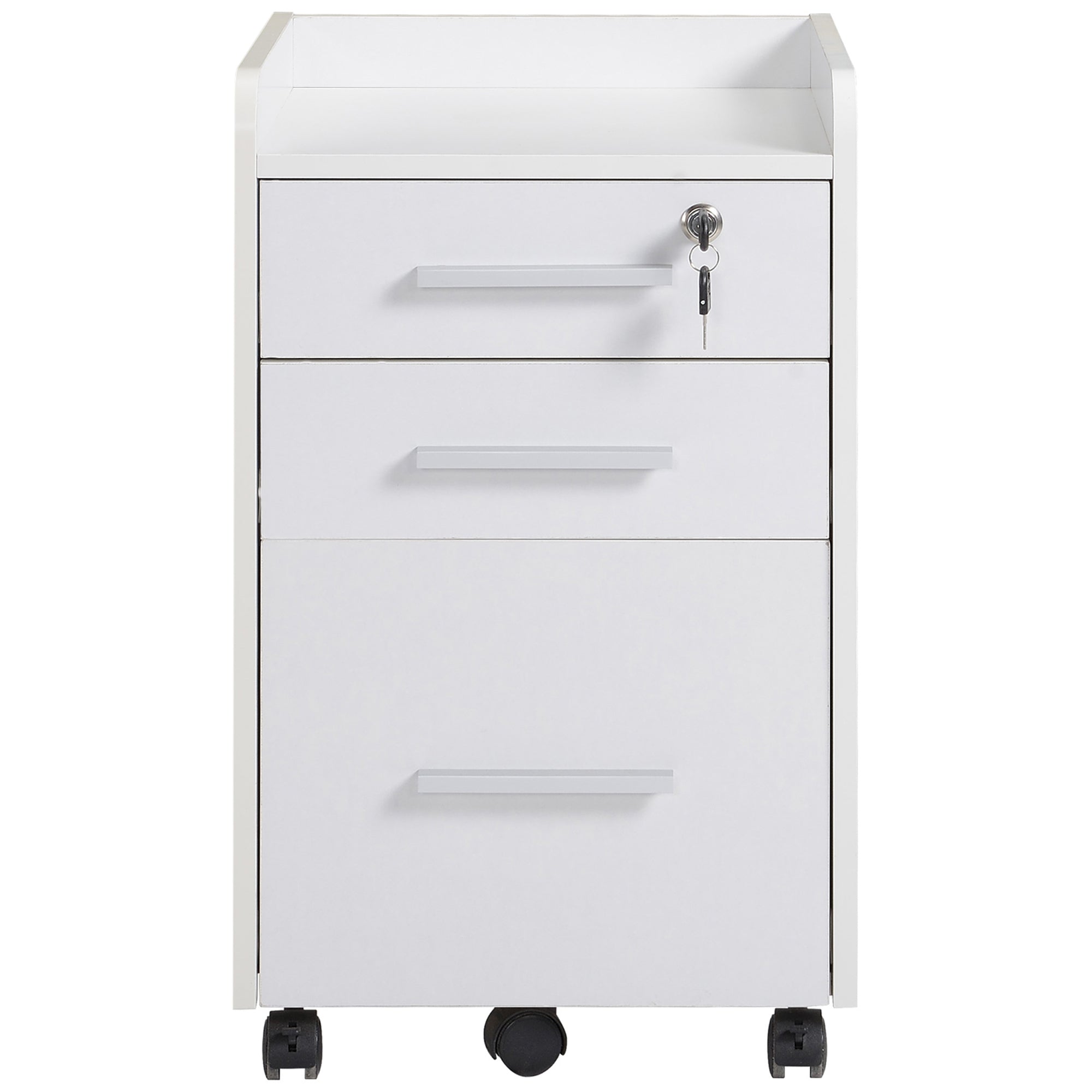 HOMCOM 3 Drawer File Cabinet with Lock and Edged Top, Lockable Filing Cabinet on Wheels with Hanging Bars for Letter and A4 Size, White