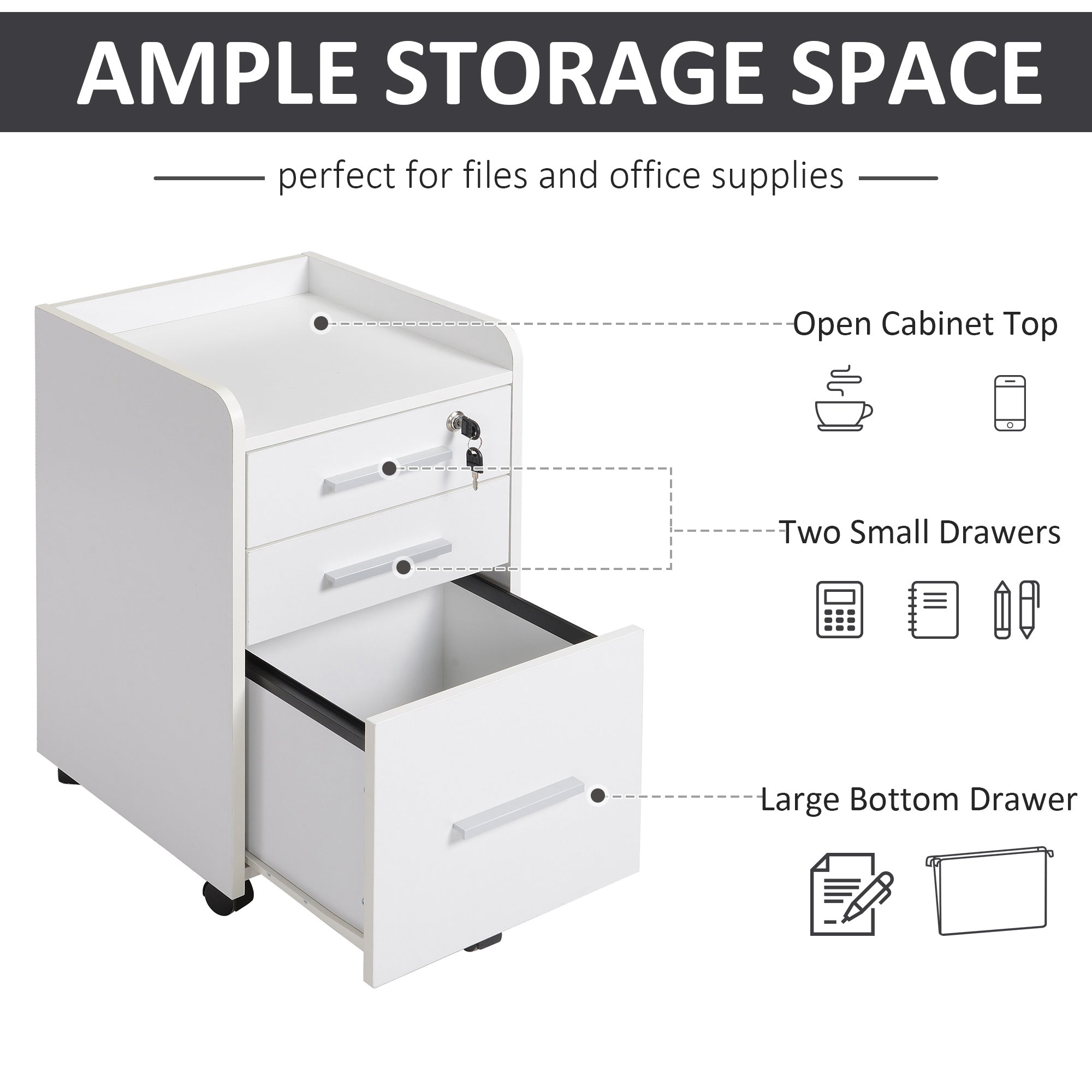 HOMCOM 3 Drawer File Cabinet with Lock and Edged Top, Lockable Filing Cabinet on Wheels with Hanging Bars for Letter and A4 Size, White