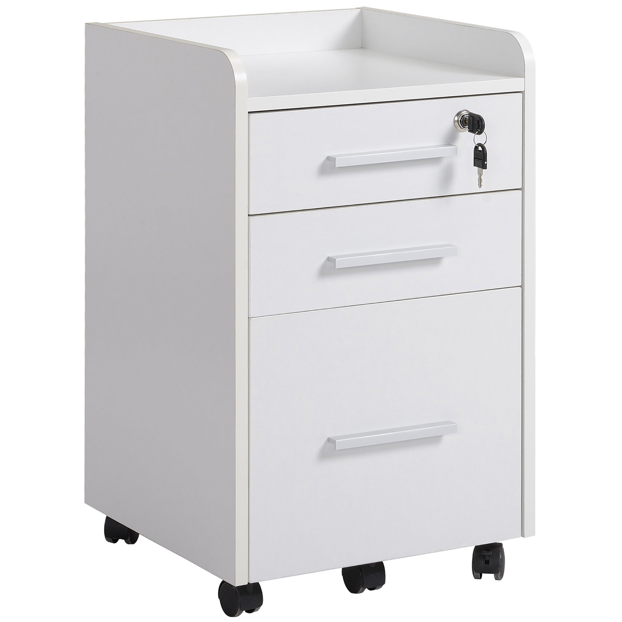 HOMCOM 3 Drawer File Cabinet with Lock and Edged Top, Lockable Filing Cabinet on Wheels with Hanging Bars for Letter and A4 Size, White