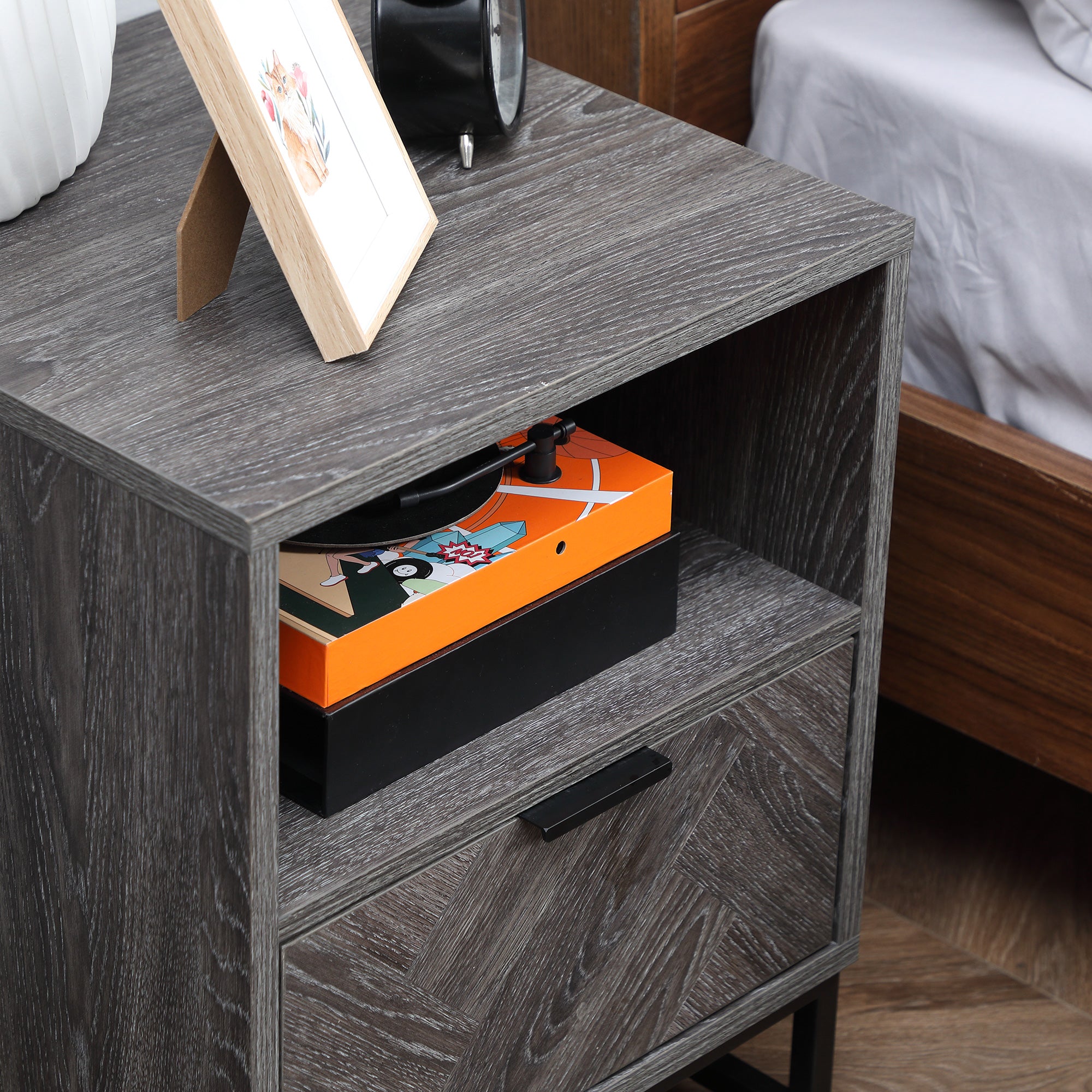 HOMCOM Bedside Table, Nightstand with Drawer and Open Shelf, Square Side End Table with Steel Legs for Bedroom, Dark Grey