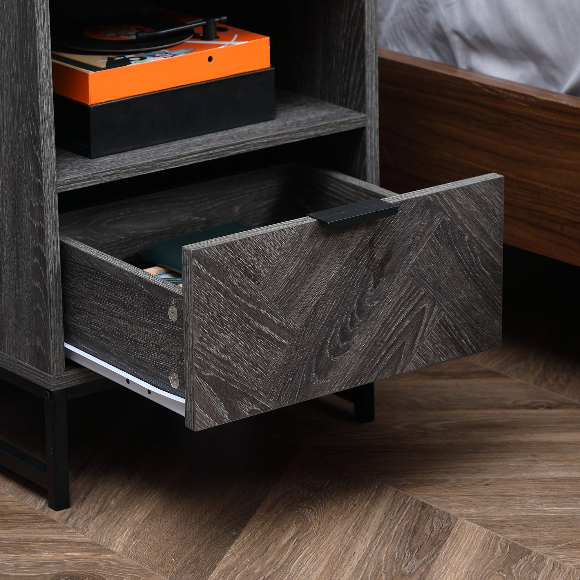 HOMCOM Bedside Table, Nightstand with Drawer and Open Shelf, Square Side End Table with Steel Legs for Bedroom, Dark Grey