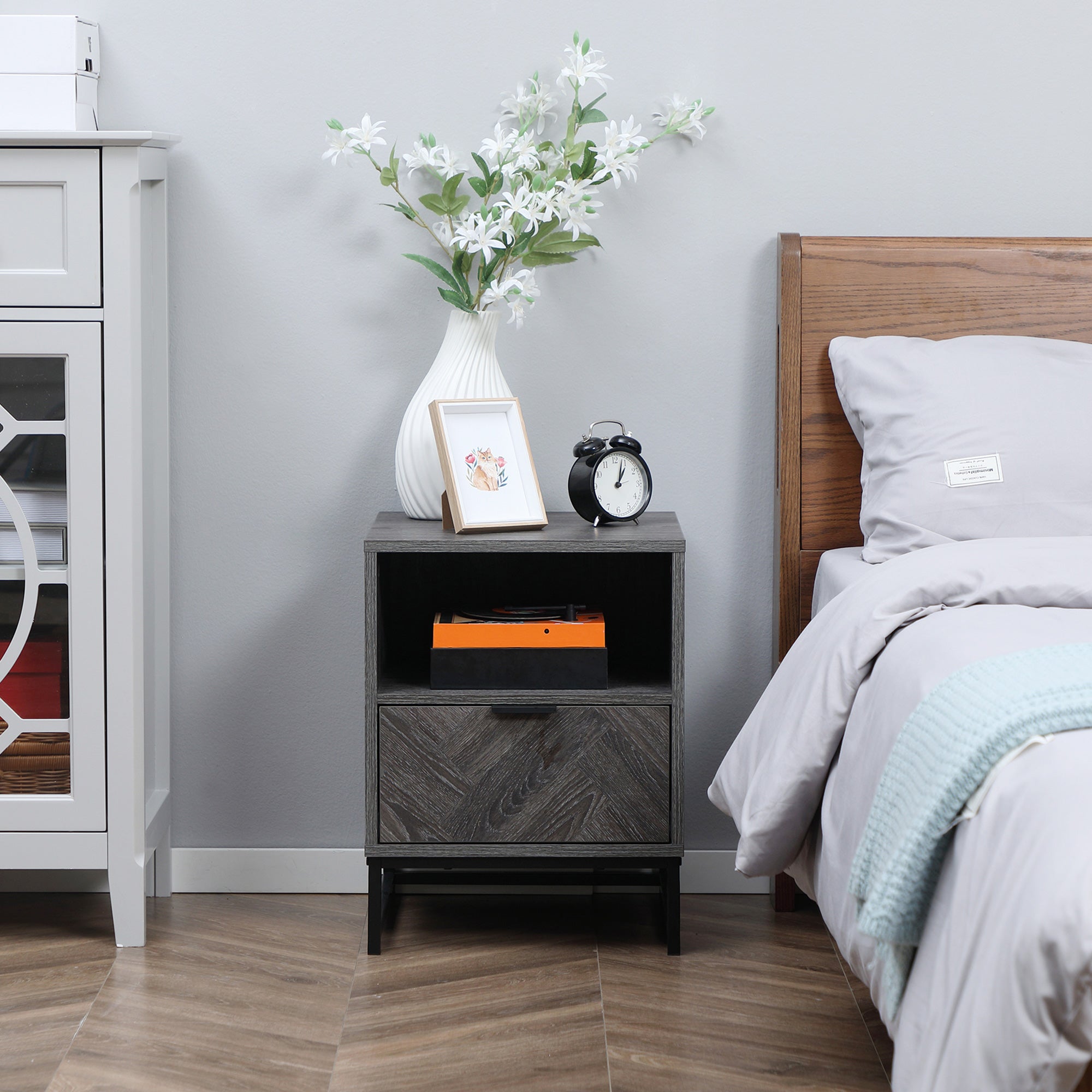 HOMCOM Bedside Table, Nightstand with Drawer and Open Shelf, Square Side End Table with Steel Legs for Bedroom, Dark Grey