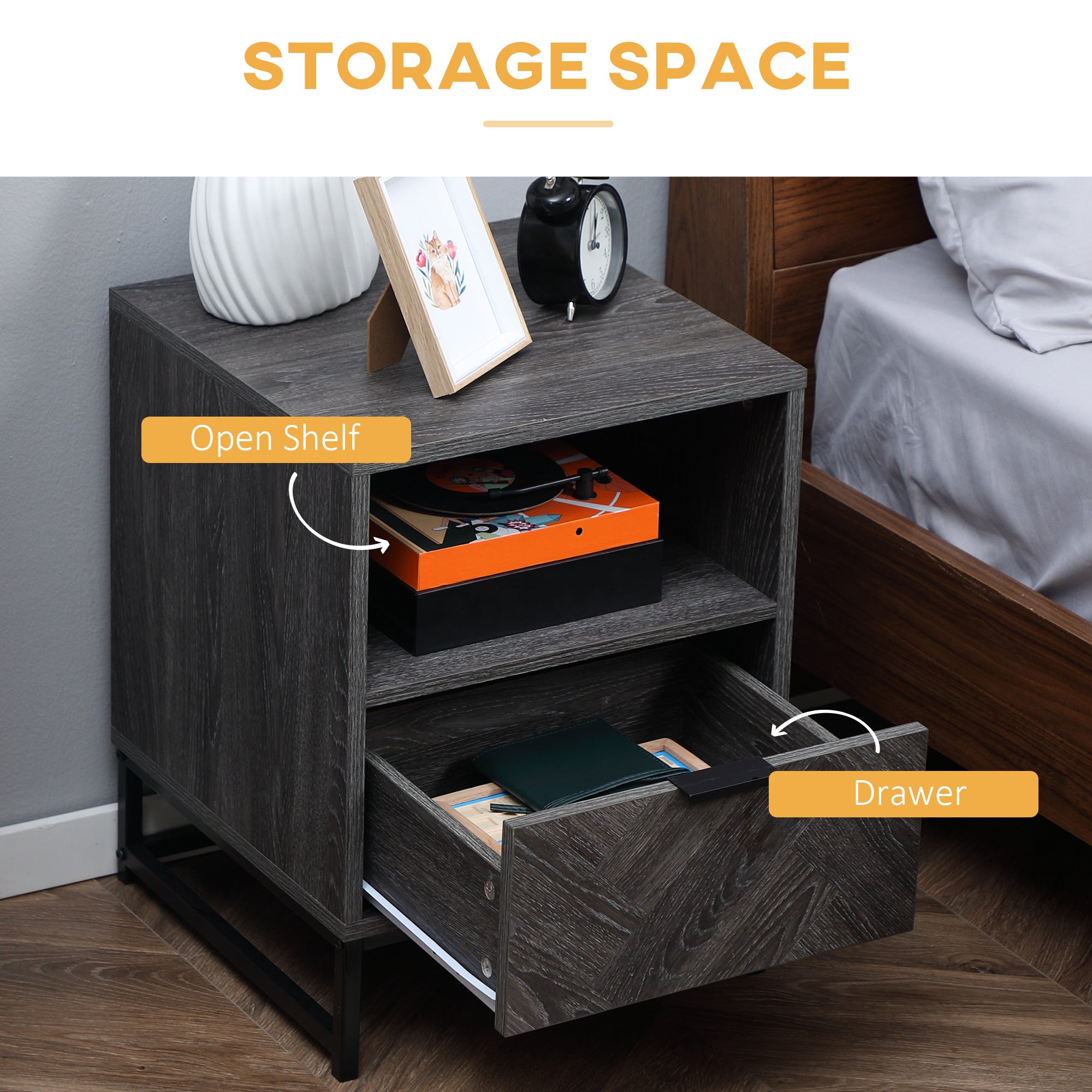 HOMCOM Bedside Table, Nightstand with Drawer and Open Shelf, Square Side End Table with Steel Legs for Bedroom, Dark Grey