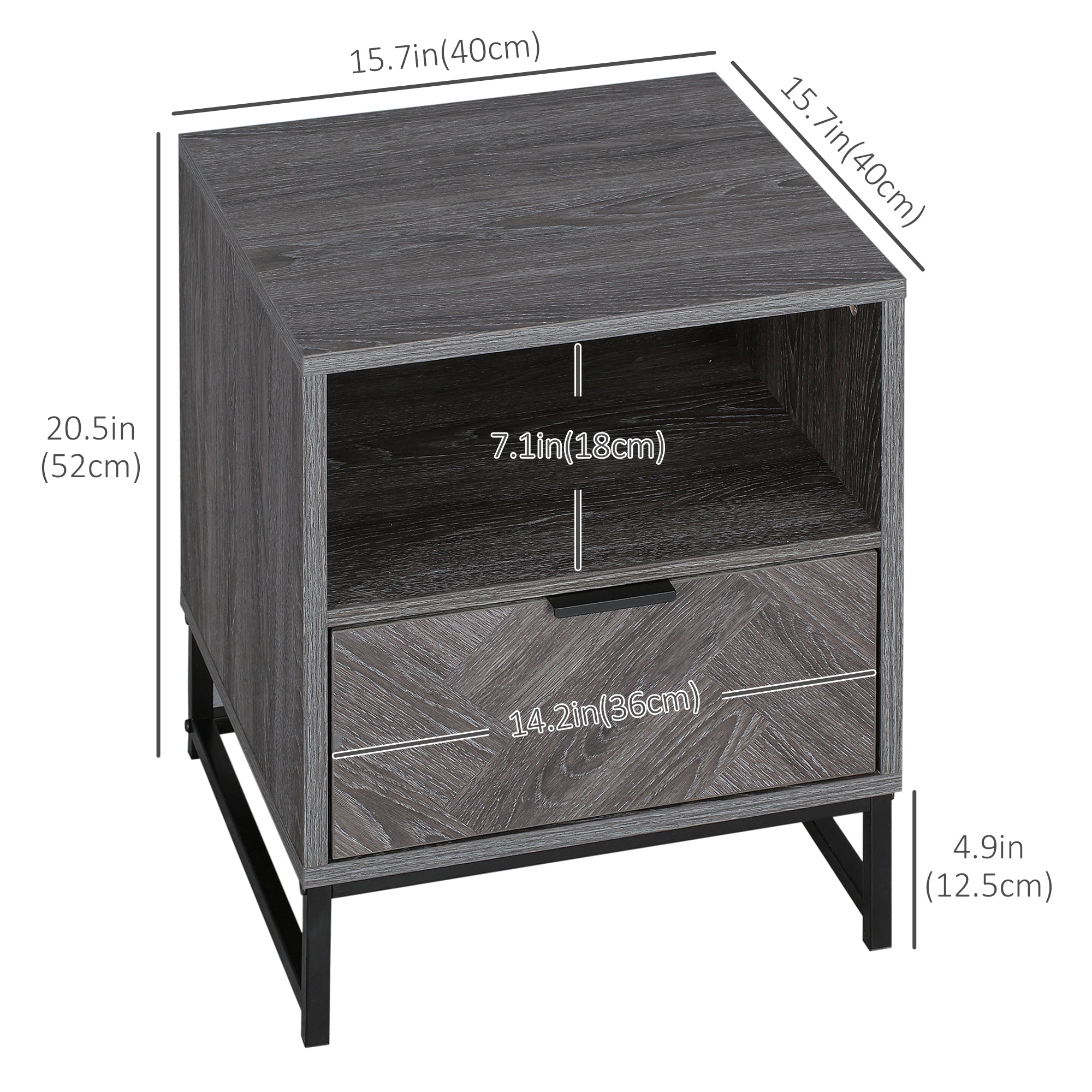 HOMCOM Bedside Table, Nightstand with Drawer and Open Shelf, Square Side End Table with Steel Legs for Bedroom, Dark Grey