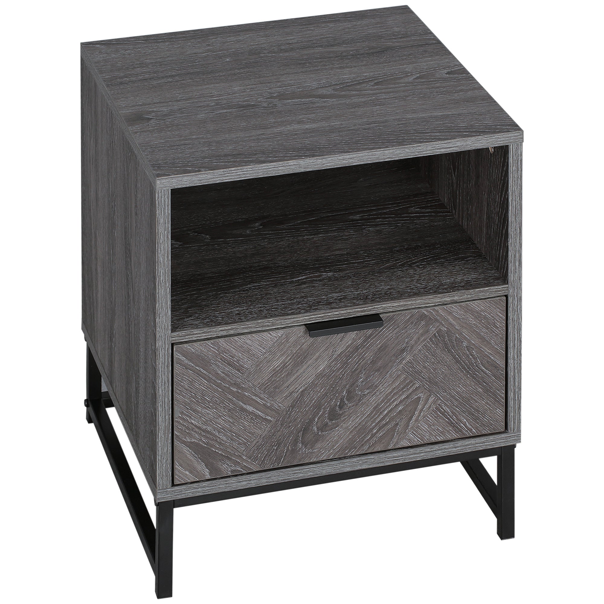 HOMCOM Bedside Table, Nightstand with Drawer and Open Shelf, Square Side End Table with Steel Legs for Bedroom, Dark Grey