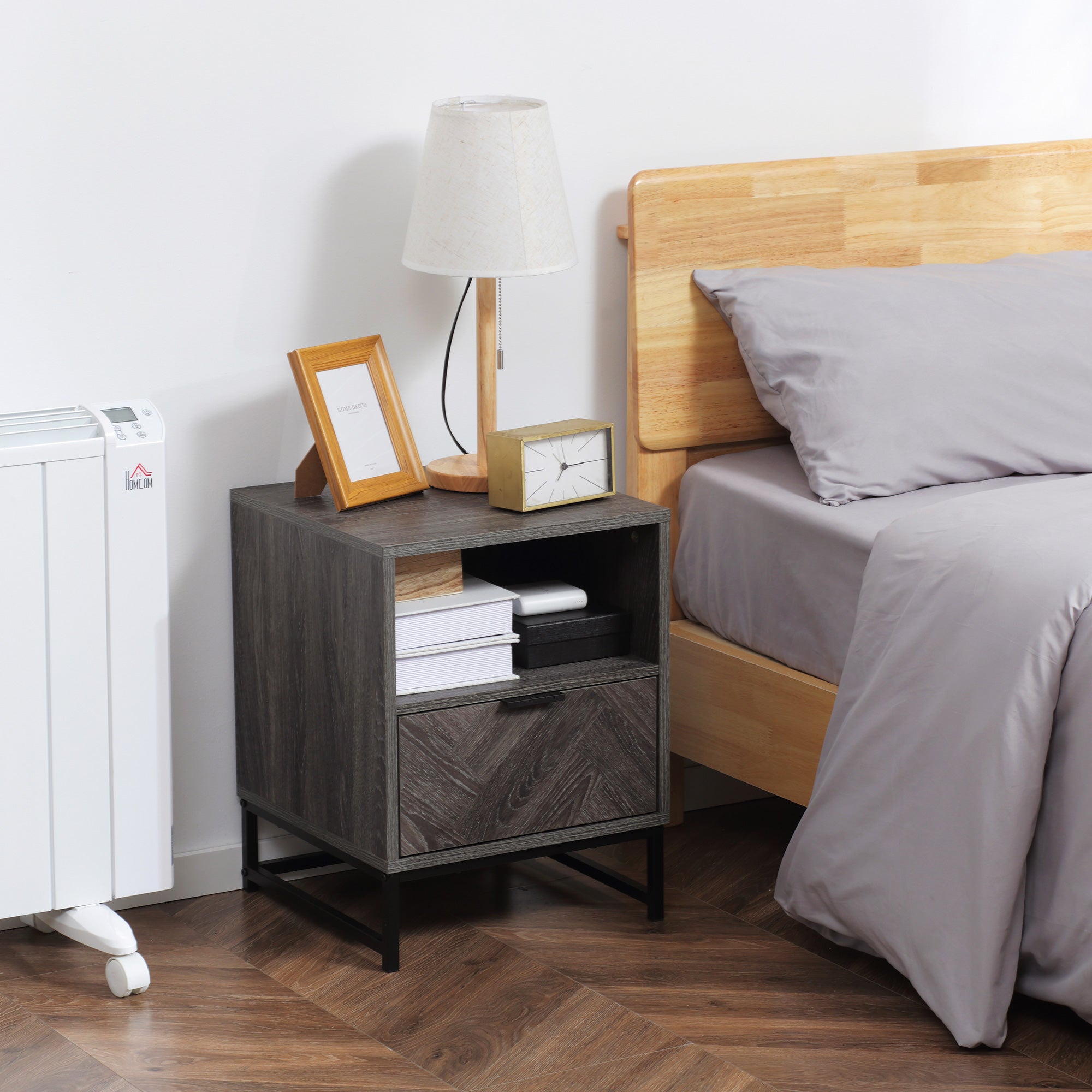 HOMCOM Bedside Table, Nightstand with Drawer and Open Shelf, Square Side End Table with Steel Legs for Bedroom, Dark Grey