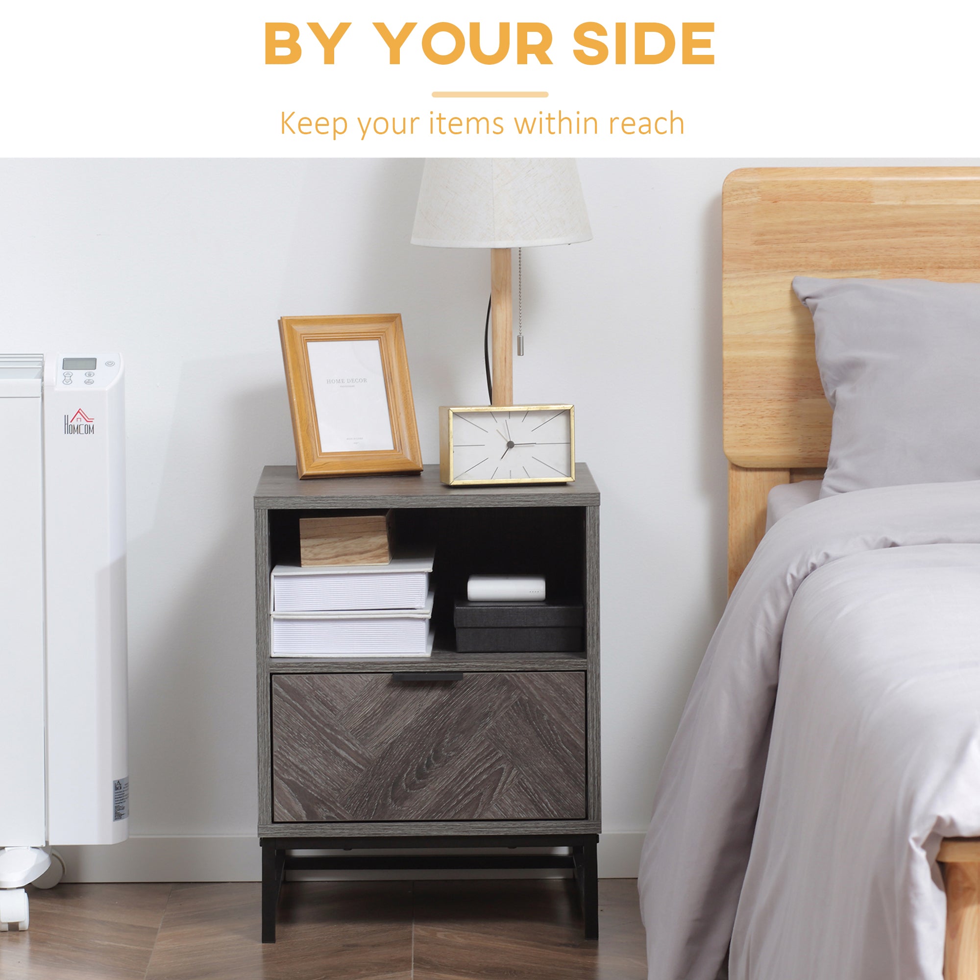 HOMCOM Bedside Table, Nightstand with Drawer and Open Shelf, Square Side End Table with Steel Legs for Bedroom, Dark Grey
