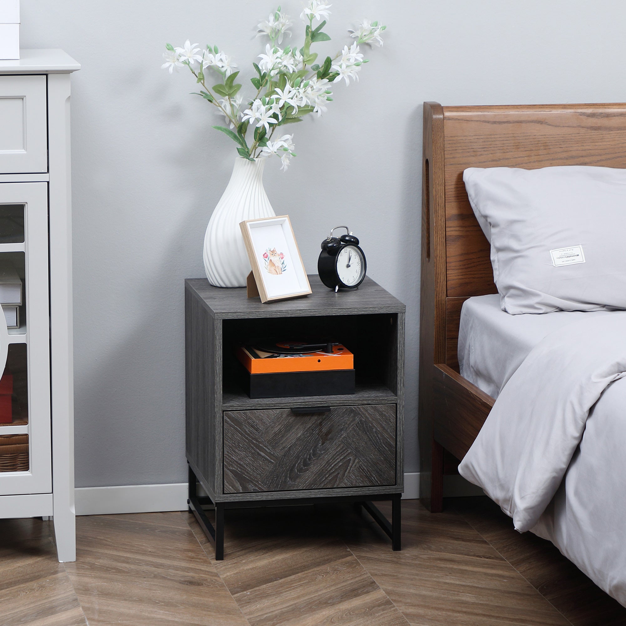 HOMCOM Bedside Table, Nightstand with Drawer and Open Shelf, Square Side End Table with Steel Legs for Bedroom, Dark Grey