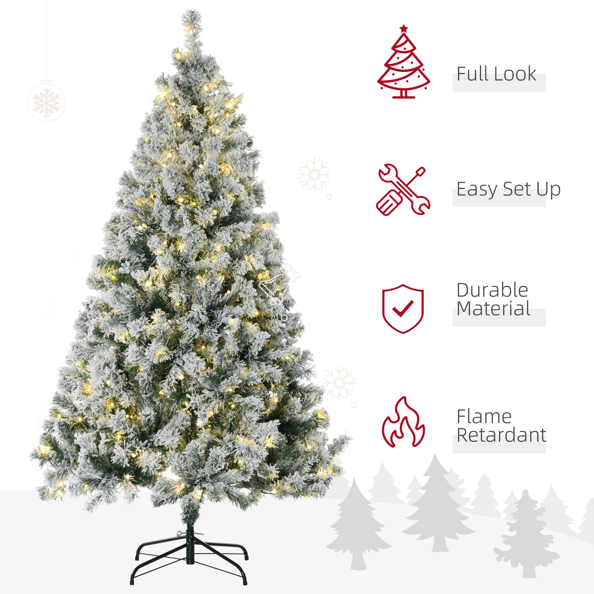 6' Artificial Snow Christmas Trees with Frosted Branches, Warm White or Colorful LED Lights, Steel Base