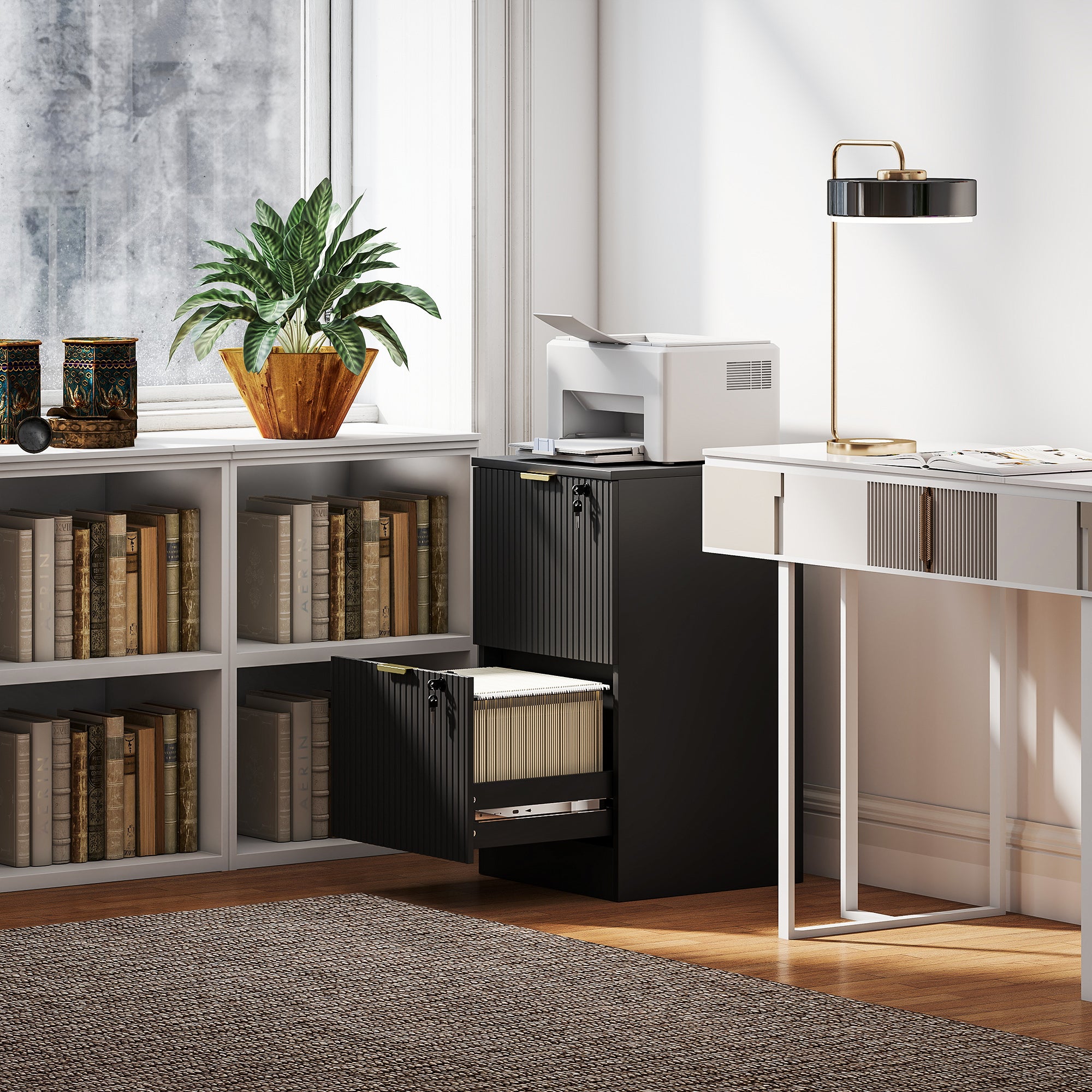 2 Drawer Filing Cabinet, Fluted Vertical File Cabinet with Lock and Adjustable Hanging Rails for A4 and Letter Size Files, Printer Stand with Storage, Black