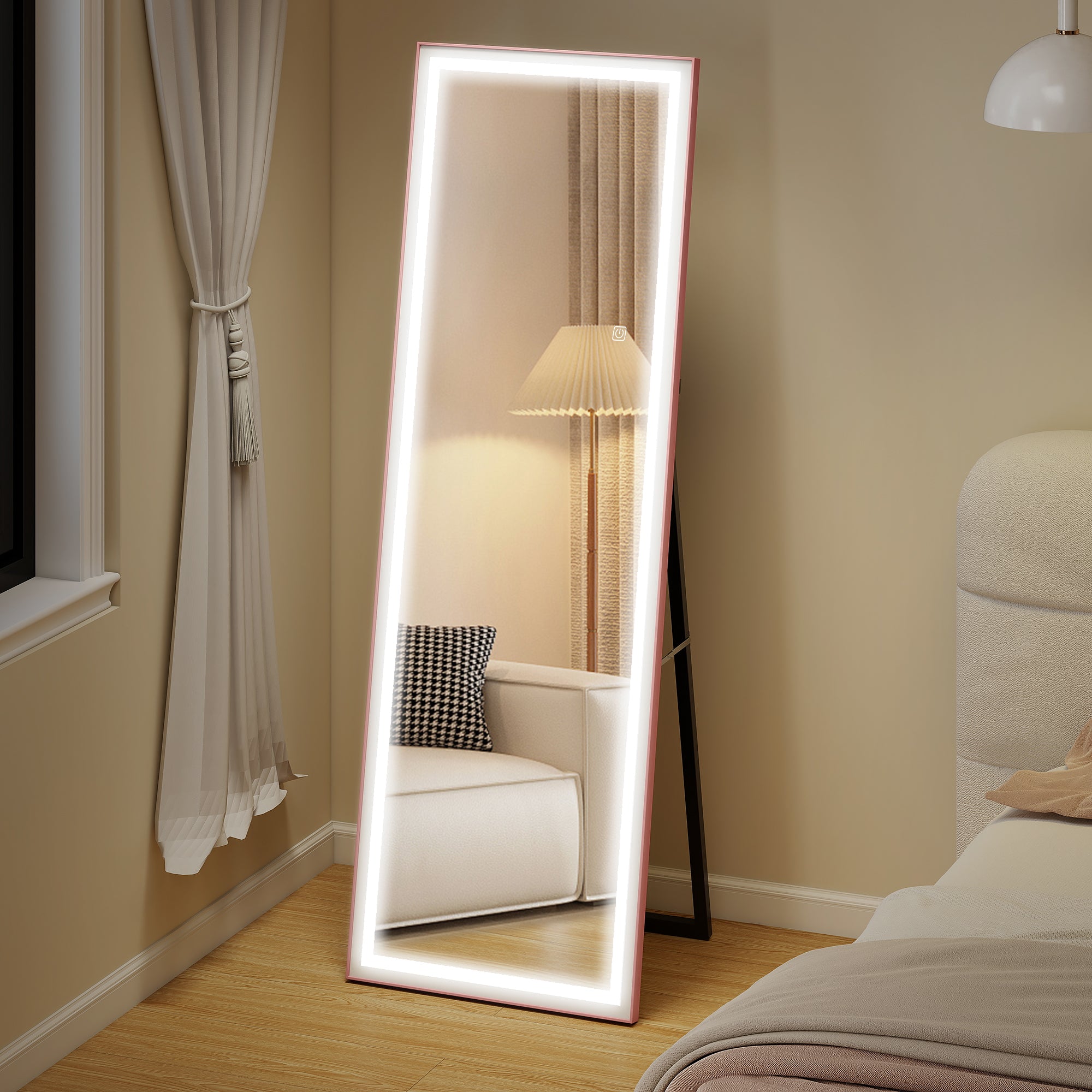 Full Length Mirror with Lights, 64" x 21" LED Full Body Mirror with Dimming and 3 Colour Lighting, Free Standing, Leaning or Wall Mount for Bedroom, Living Room, Pink