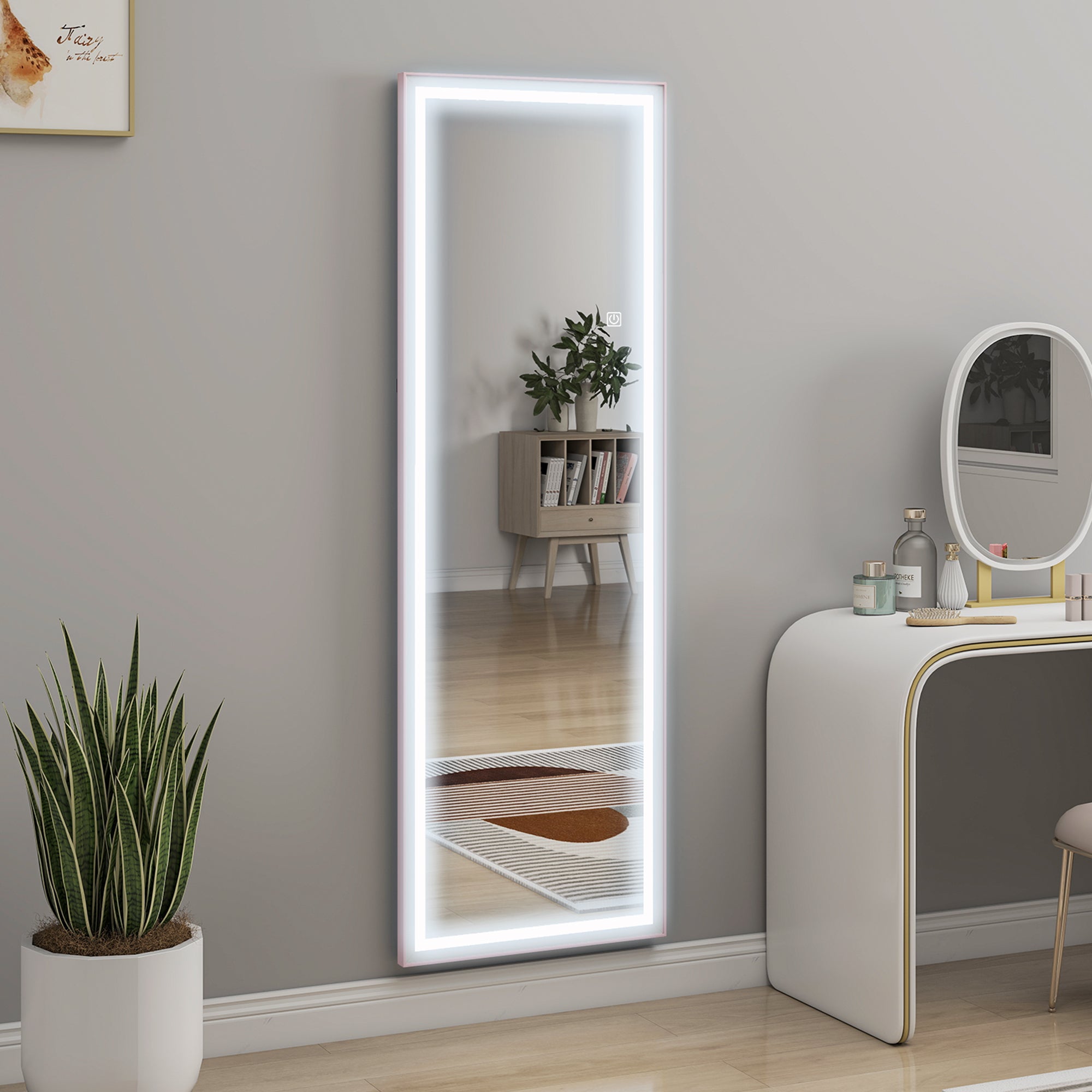 Full Length Mirror with Lights, 64" x 21" LED Full Body Mirror with Dimming and 3 Colour Lighting, Free Standing, Leaning or Wall Mount for Bedroom, Living Room, Pink