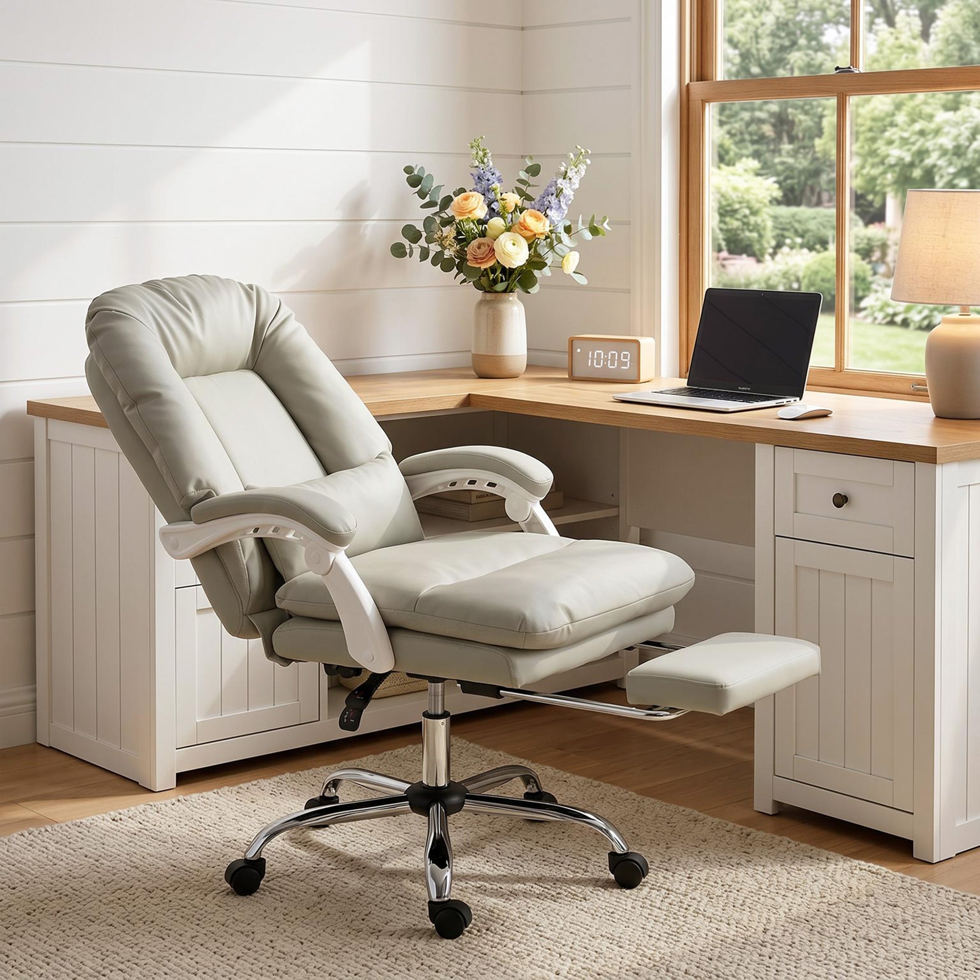Ergonomic Executive Office Chair, Velvet Reclining Computer Desk Chair with Lumbar Support, Footrest, Plush Thick Cushion, 360° Swivel for Home Office, Khaki