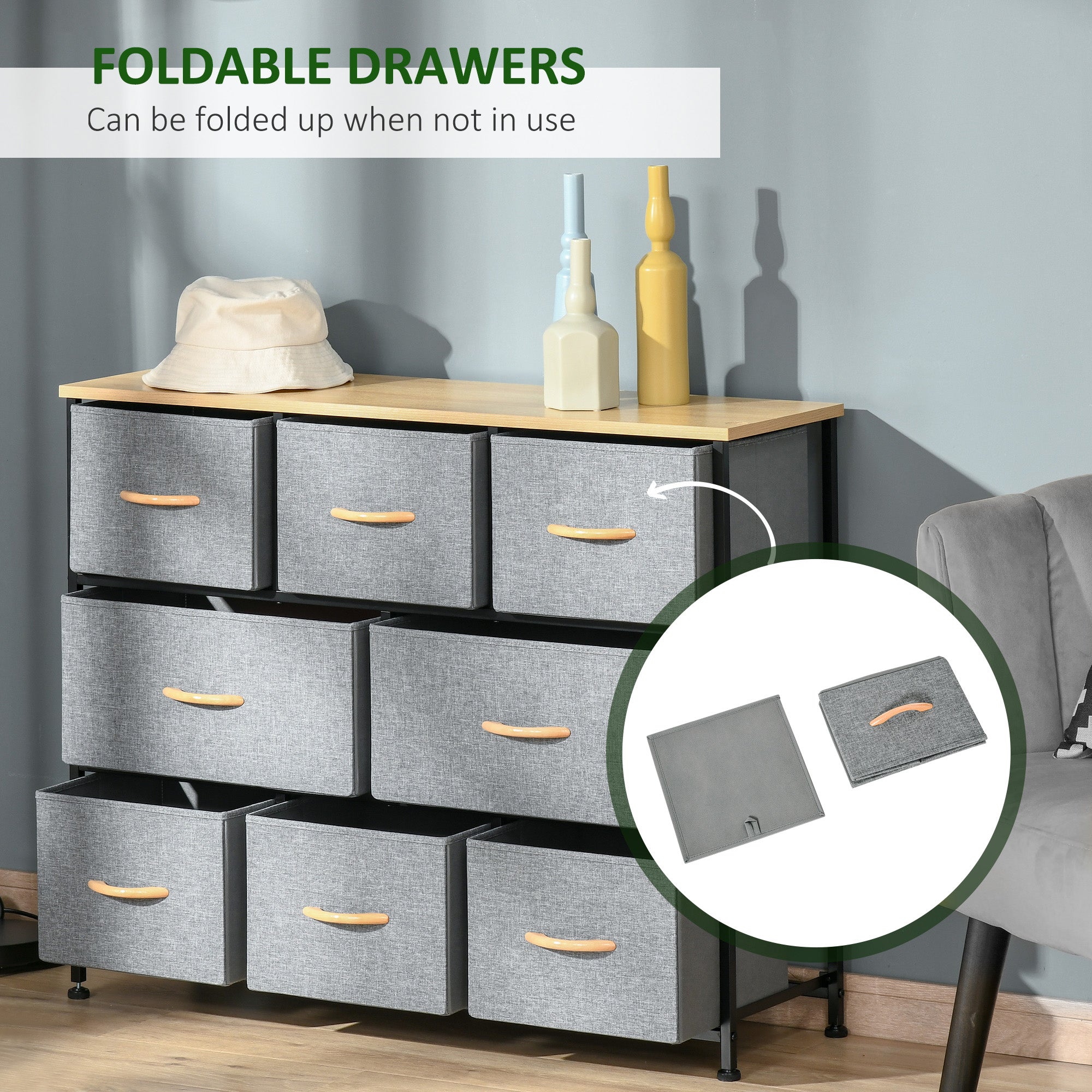 8-Drawer Dresser, 3-Tier Fabric Chest of Drawers, Storage Tower Organizer Unit with Steel Frame for Bedroom, Hallway, Light Gray