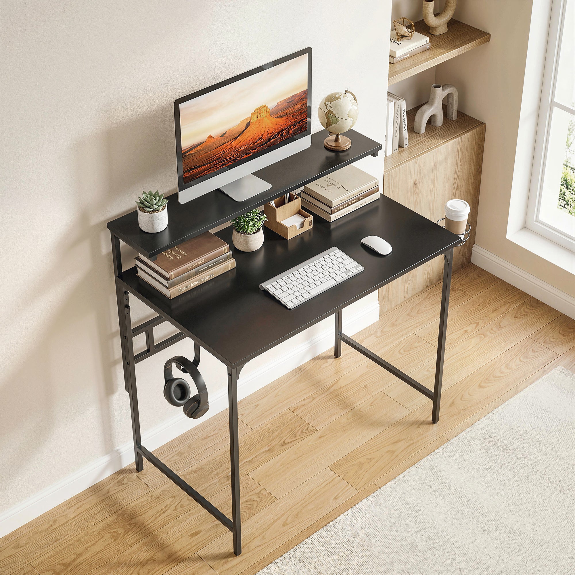 Computer Desk, 80cm Home Office Study Table with Hutch Shelf, Cup Holder, Headphone Hook, Metal Frame, Space Saving Writing Desk, Black