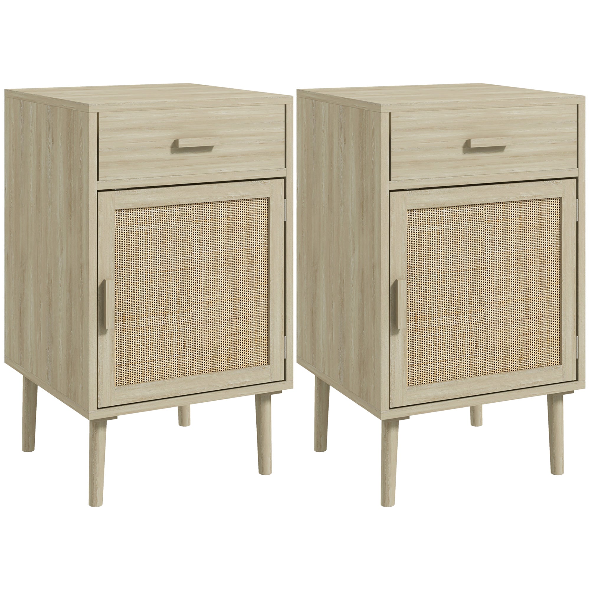 HOMCOM Tall Nightstands Set of 2, Boho Bedside Tables with Drawer, Cabinet, Adjustable Shelf, Rattan End Tables with Storage for Bedroom, Oak