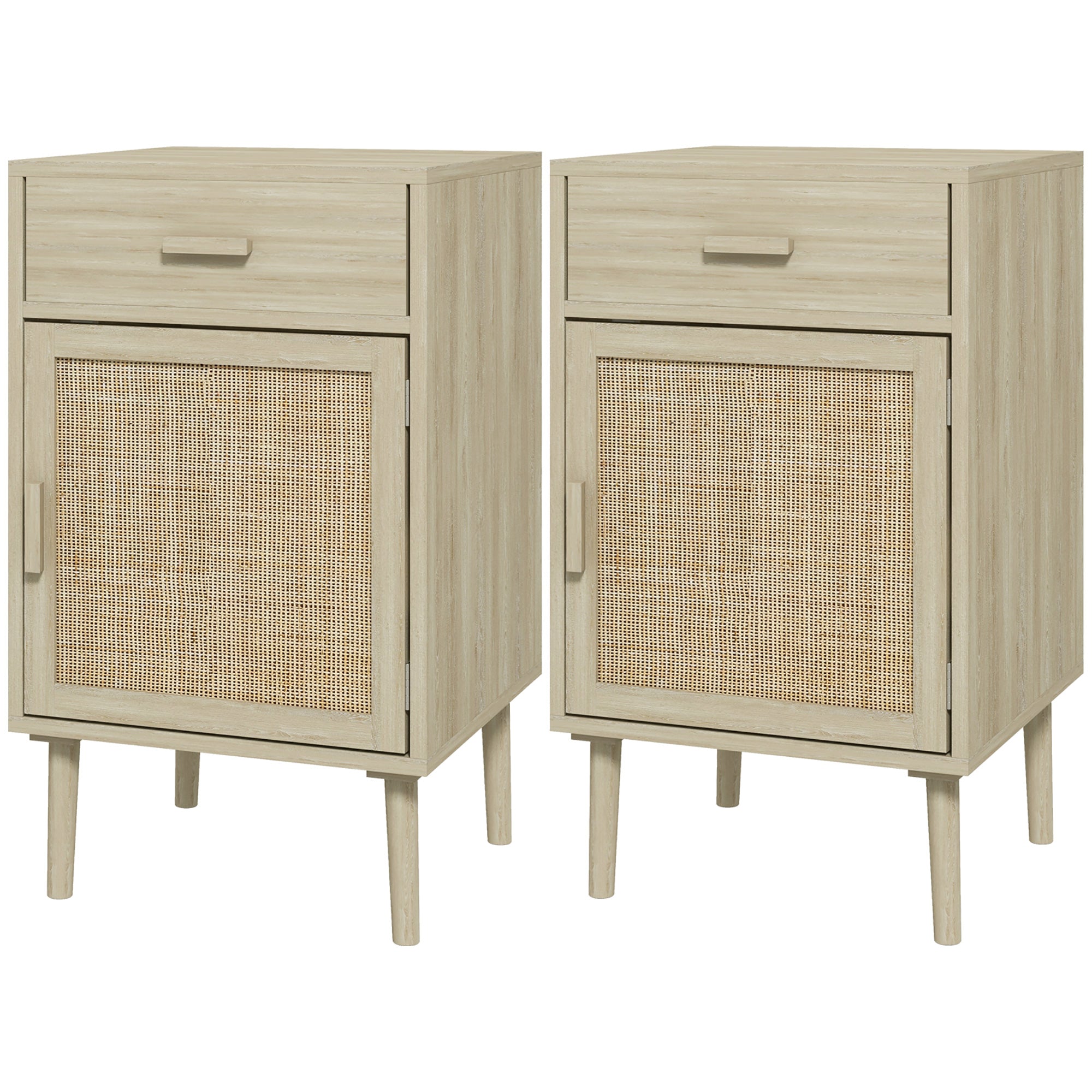 HOMCOM Tall Nightstands Set of 2, Boho Bedside Tables with Drawer, Cabinet, Adjustable Shelf, Rattan End Tables with Storage for Bedroom, Oak