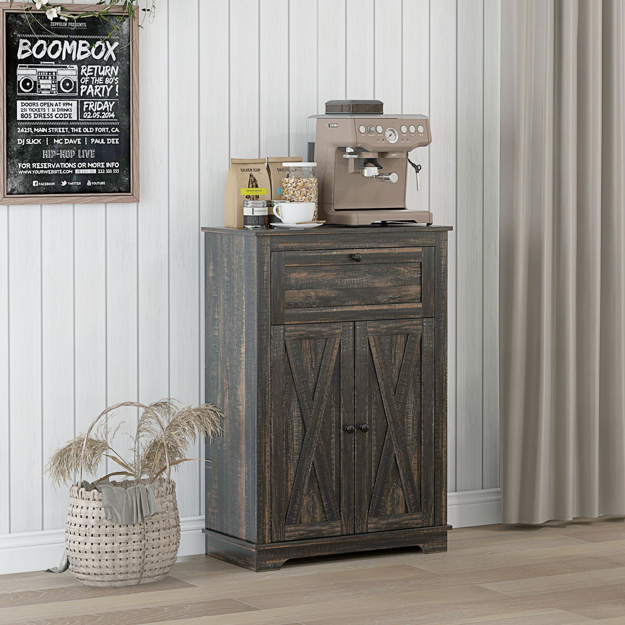 Farmhouse Sideboard Storage Cabinet with Doors and Drawer Dark Brown