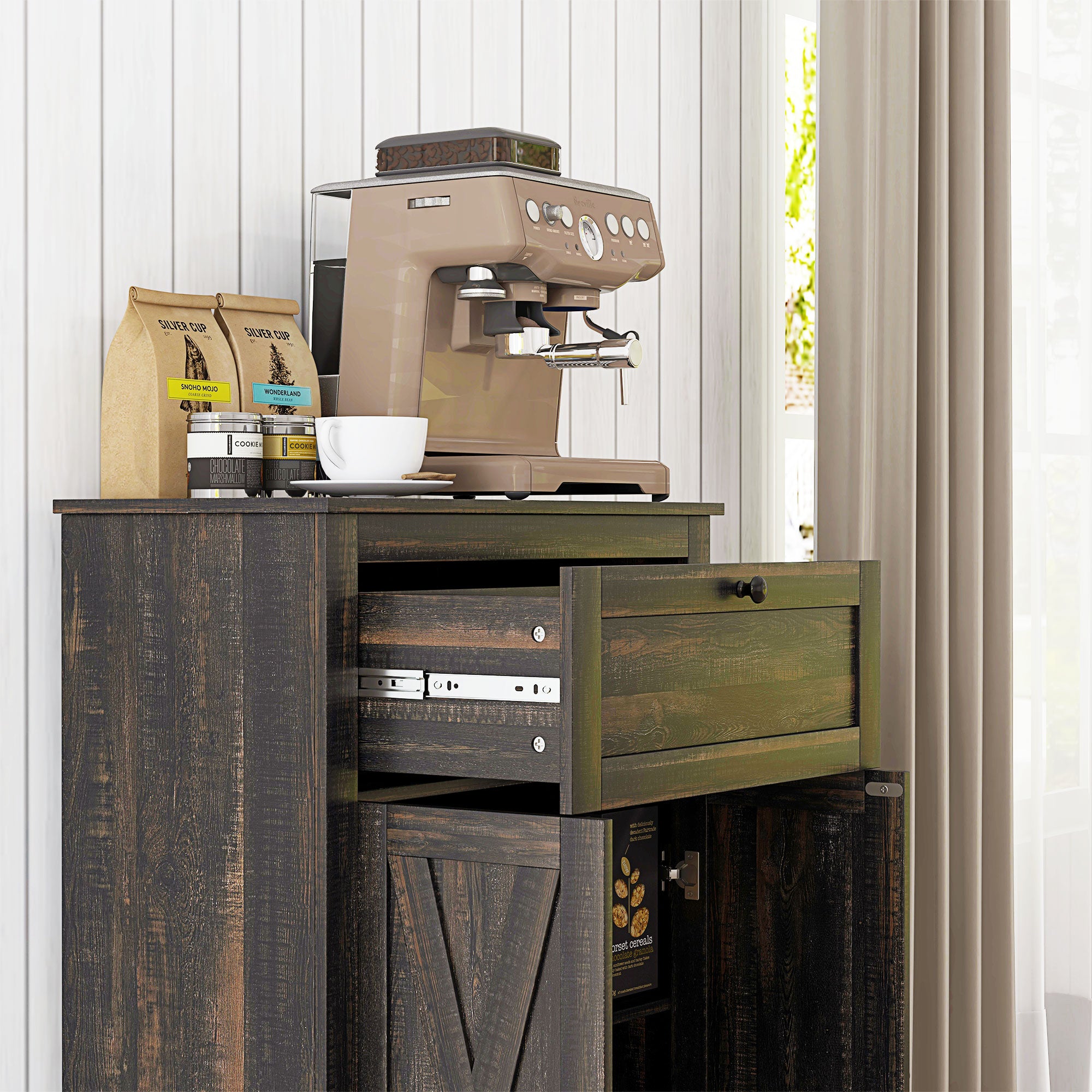 Farmhouse Sideboard Storage Cabinet with Doors and Drawer Dark Brown