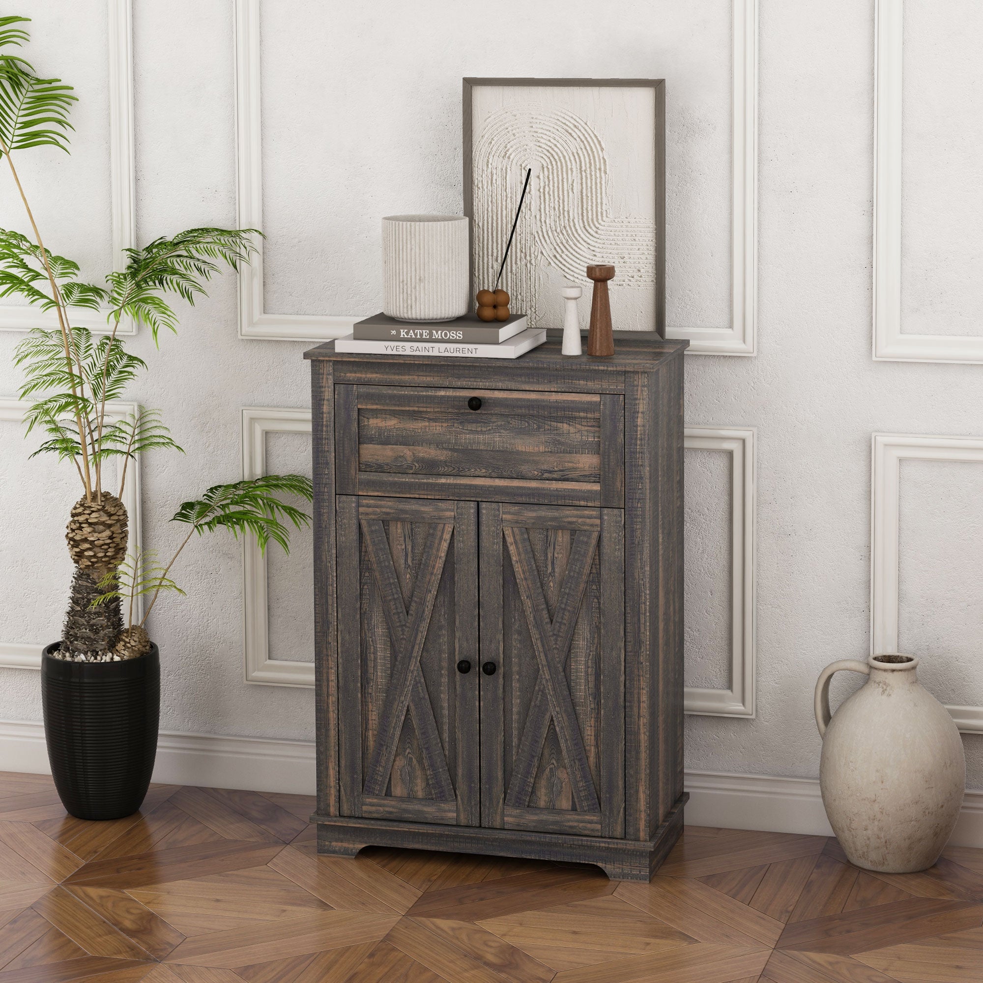 Farmhouse Sideboard Storage Cabinet with Doors and Drawer Dark Brown