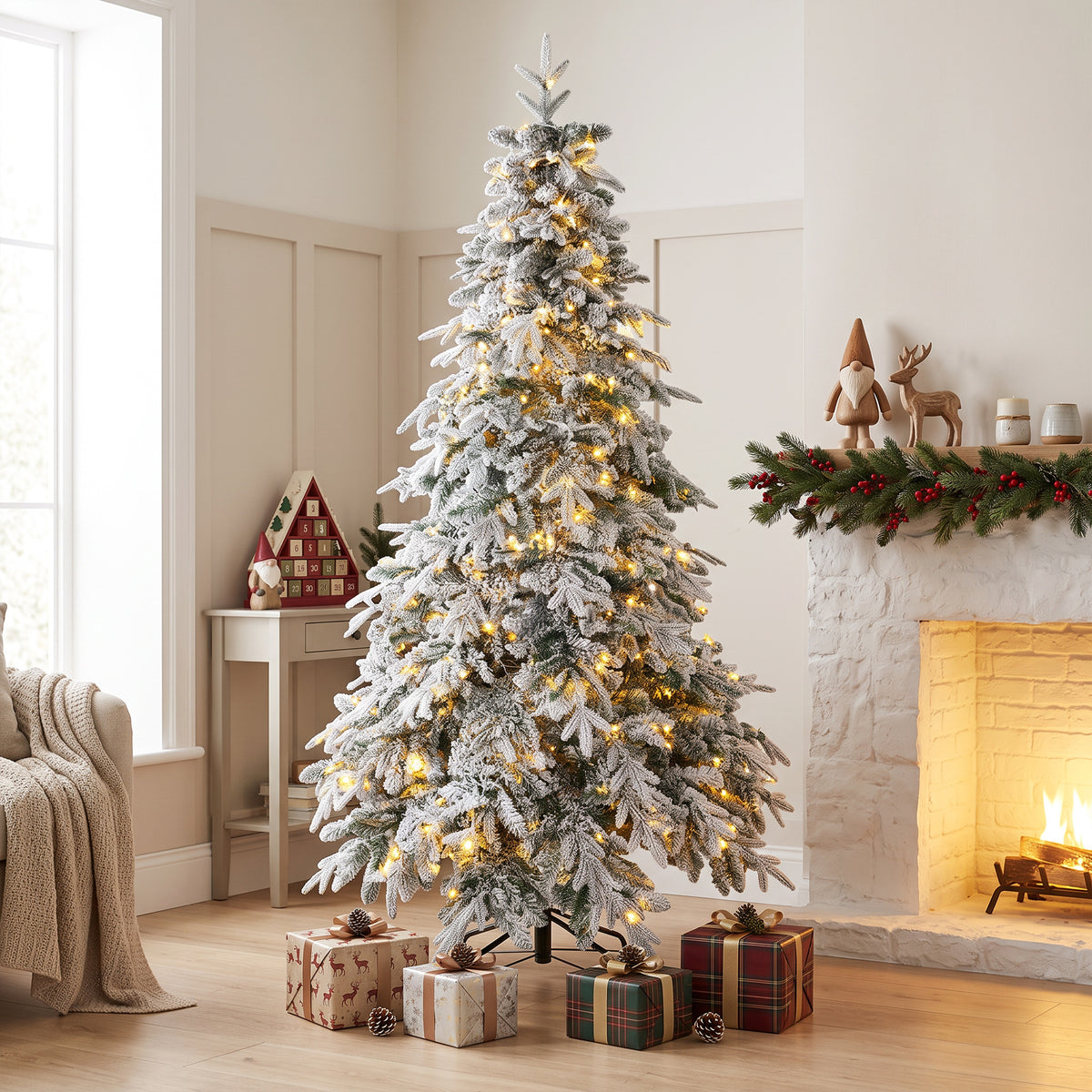 6ft Prelit Flocked Christmas Tree, Artificial Downswept Hinged Xmas Tree with 350 Warm White LED Lights, 8 Modes, Daily Timer, 740 Tips, Remote, Steel Stand, Green White