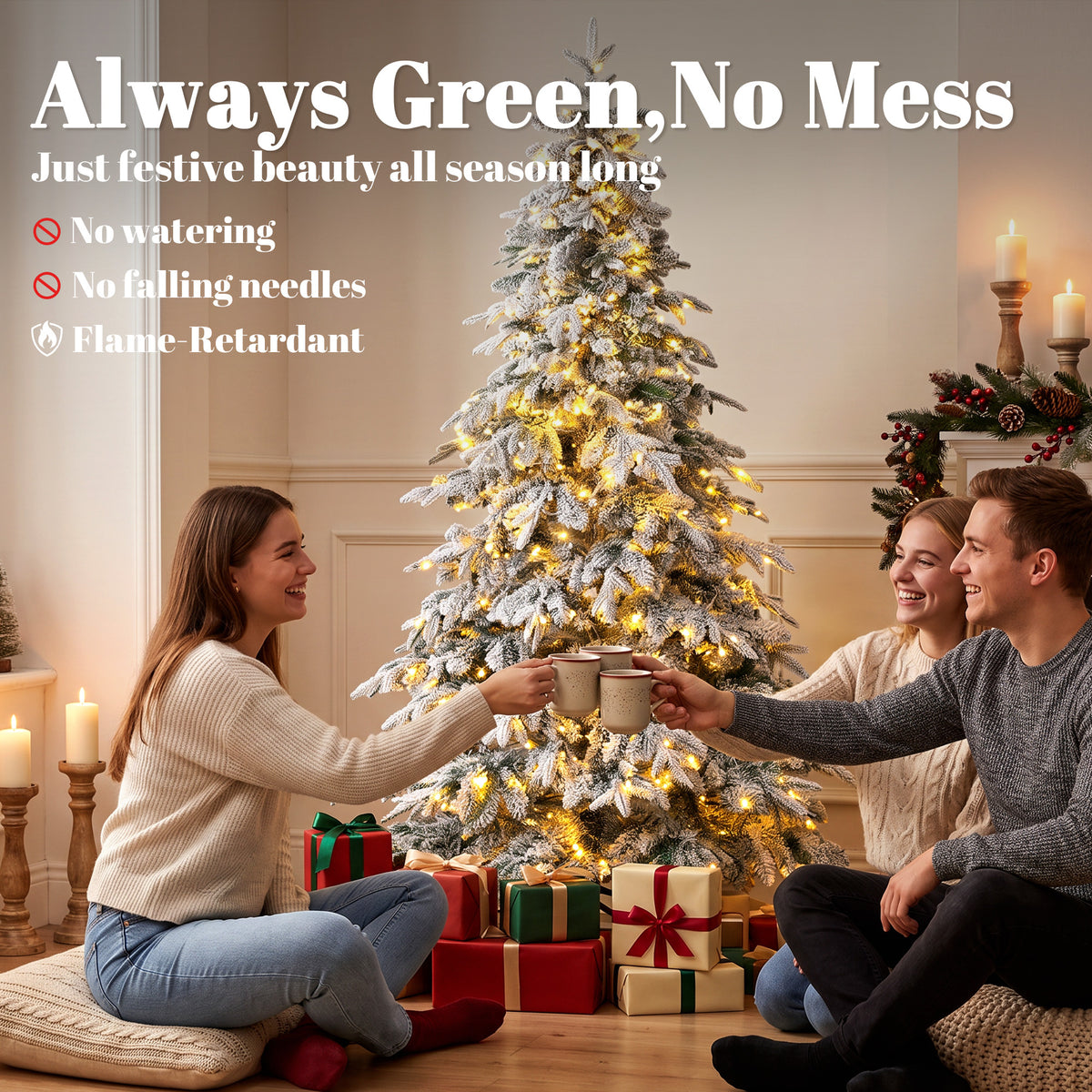 6ft Prelit Flocked Christmas Tree, Artificial Downswept Hinged Xmas Tree with 350 Warm White LED Lights, 8 Modes, Daily Timer, 740 Tips, Remote, Steel Stand, Green White