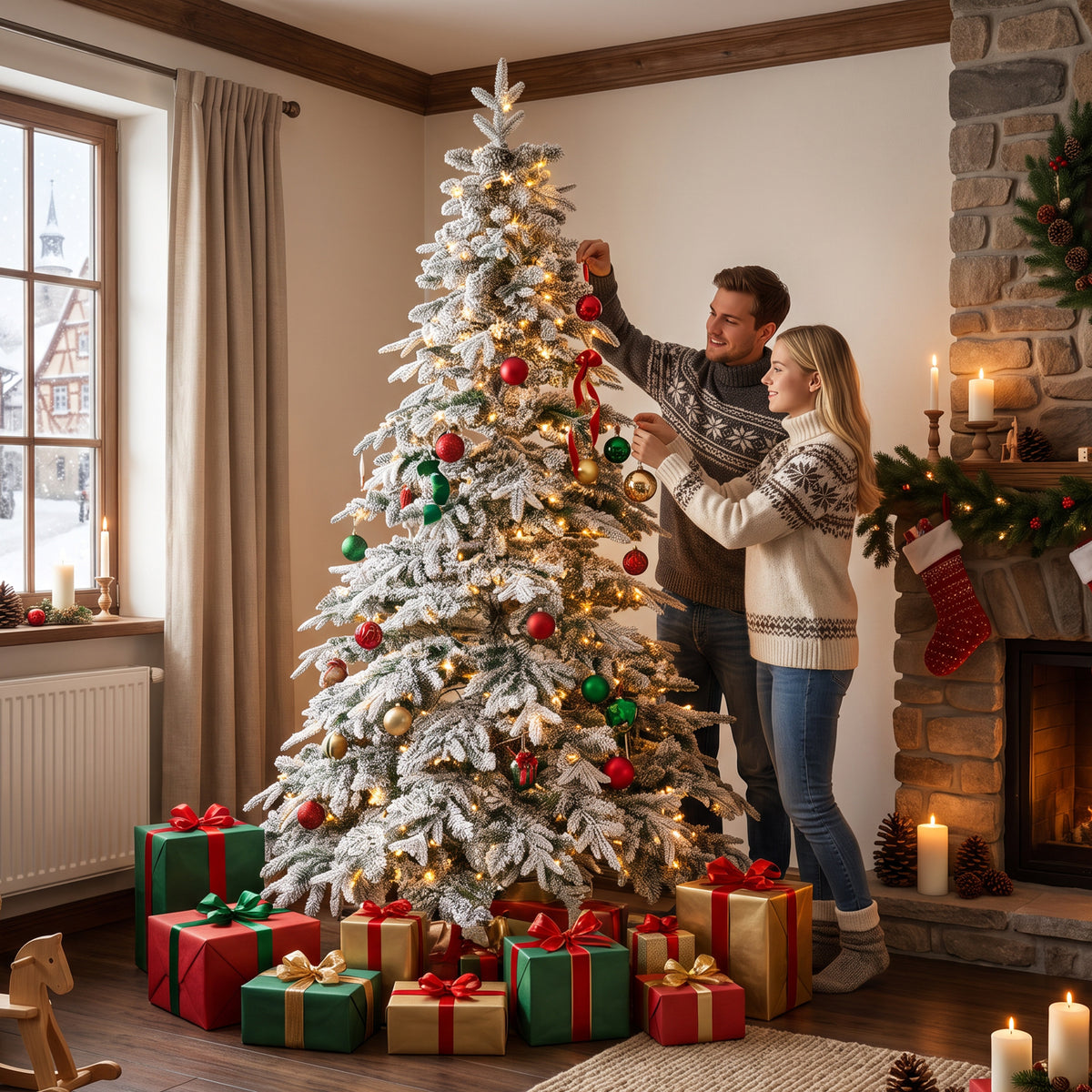 6ft Prelit Flocked Christmas Tree, Artificial Downswept Hinged Xmas Tree with 350 Warm White LED Lights, 8 Modes, Daily Timer, 740 Tips, Remote, Steel Stand, Green White