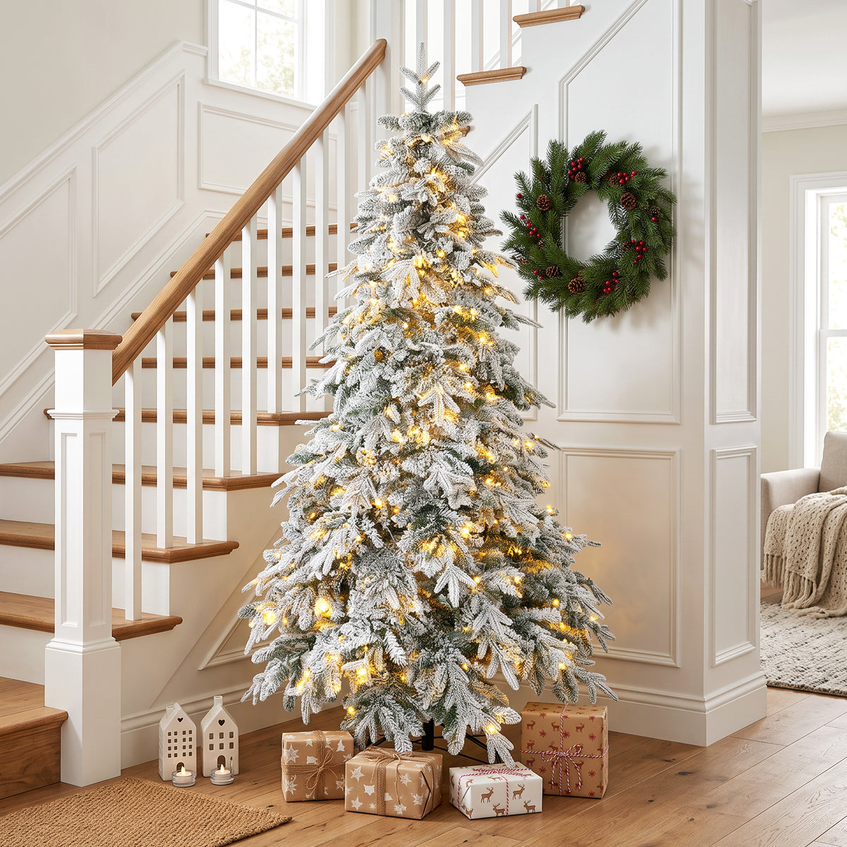 6ft Prelit Flocked Christmas Tree, Artificial Downswept Hinged Xmas Tree with 350 Warm White LED Lights, 8 Modes, Daily Timer, 740 Tips, Remote, Steel Stand, Green White